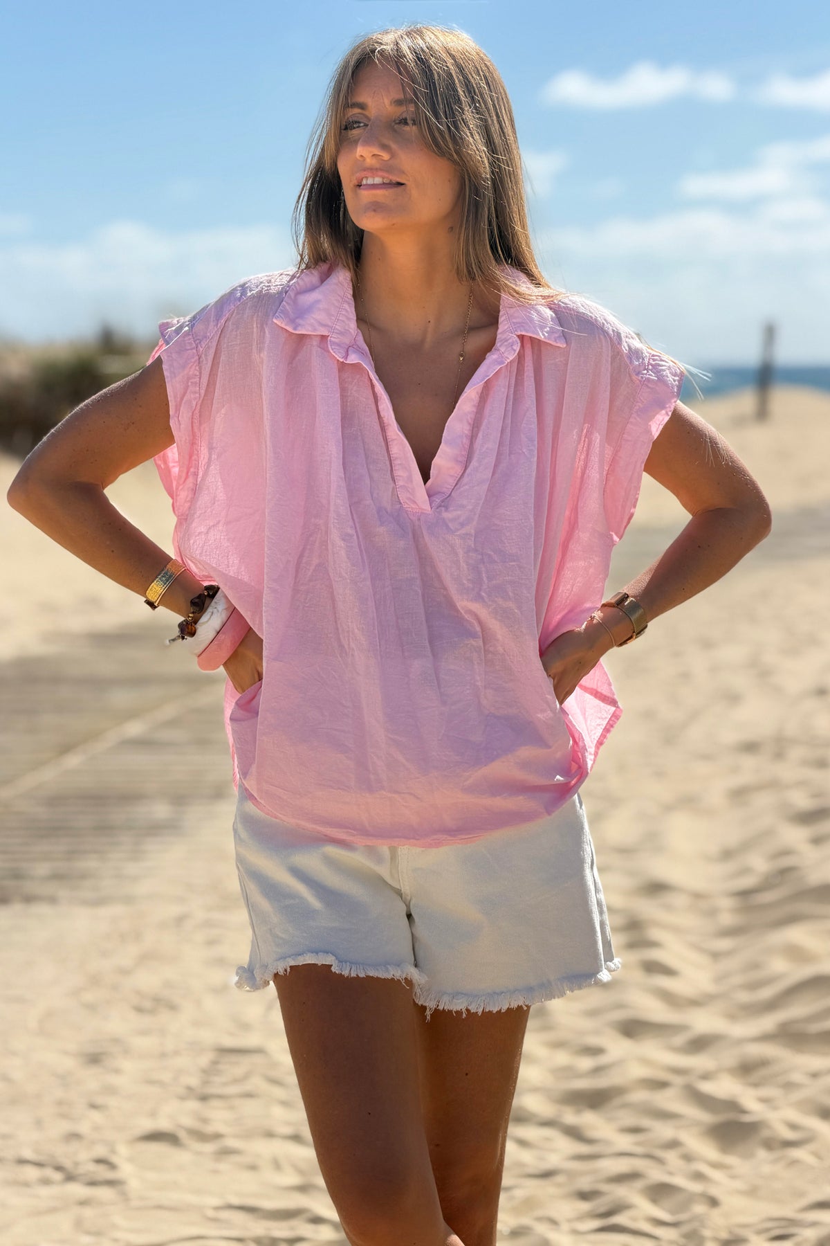 Pink Lightweight Woven Collared Blouse