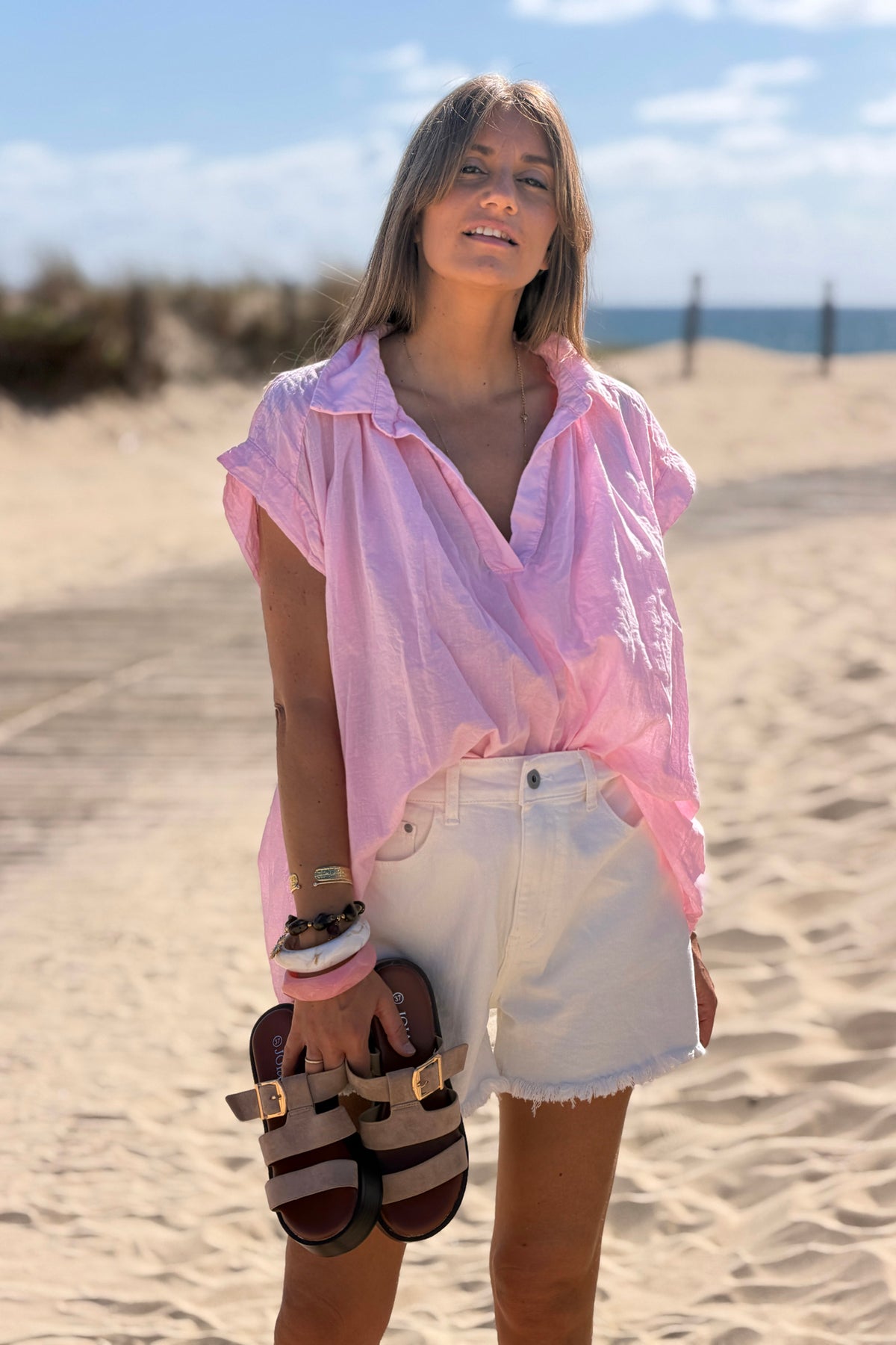 Pink Lightweight Woven Collared Blouse