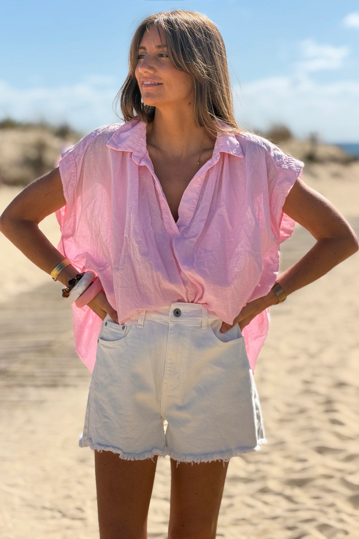 Pink Lightweight Woven Collared Blouse