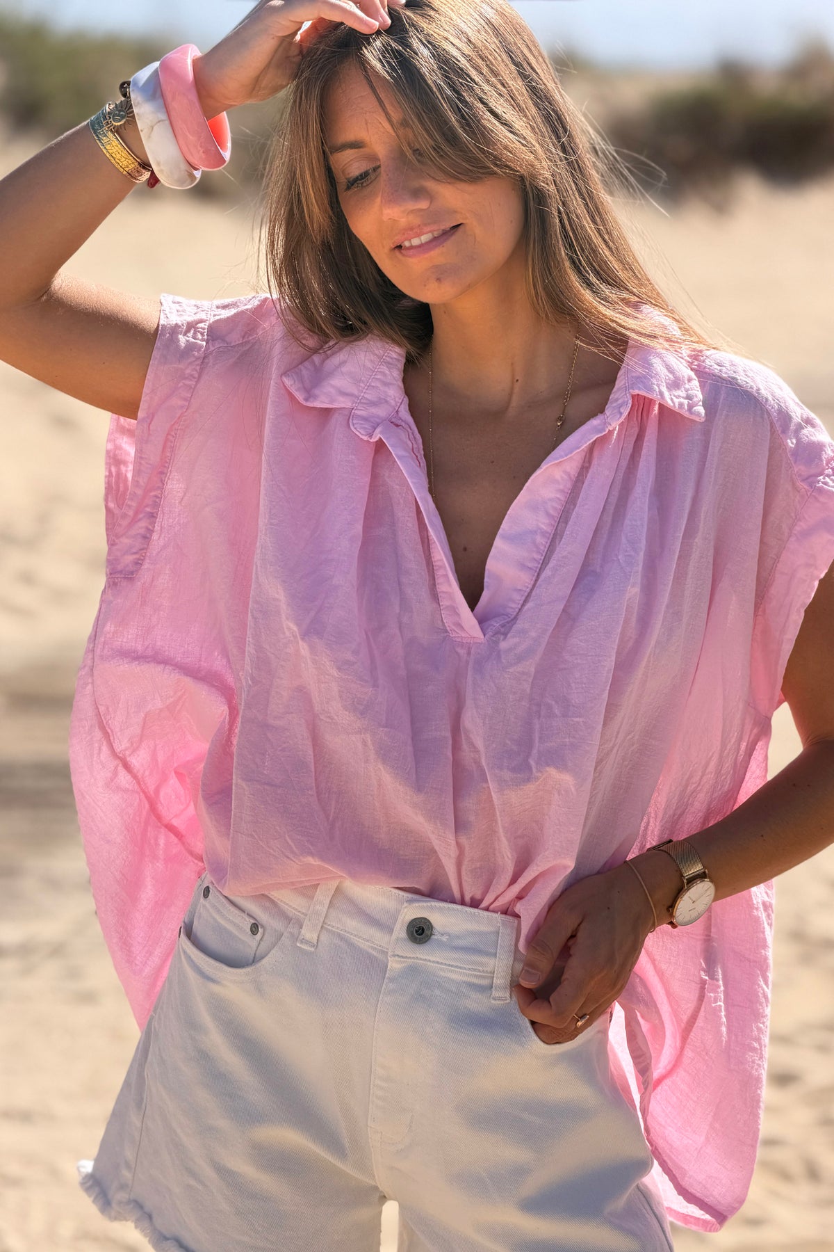 Pink Lightweight Woven Collared Blouse