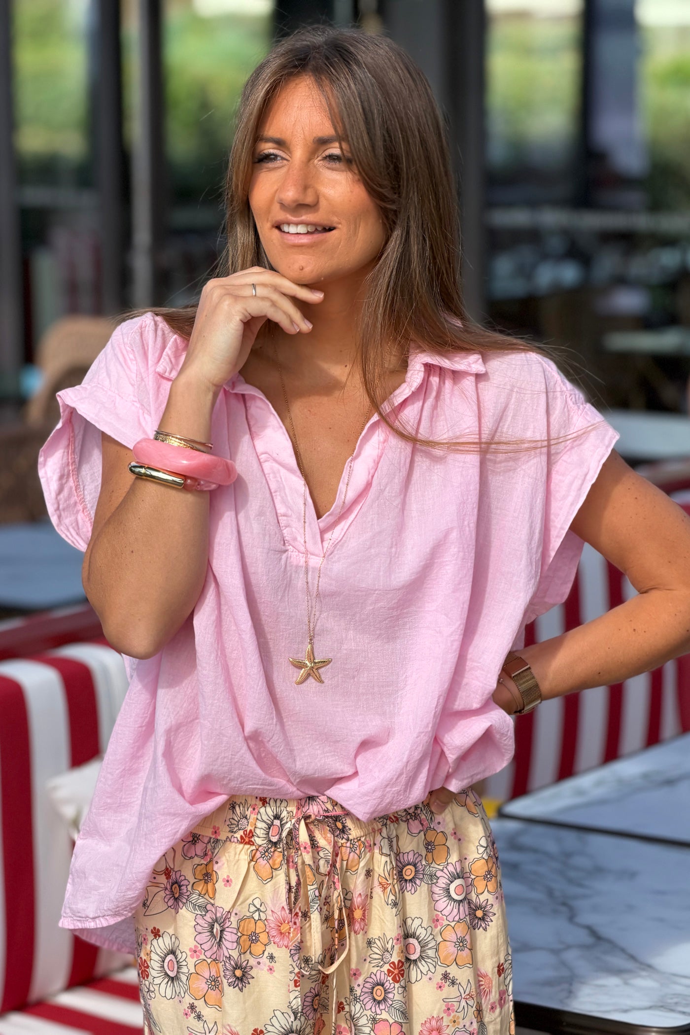 Pink Lightweight Woven Collared Blouse