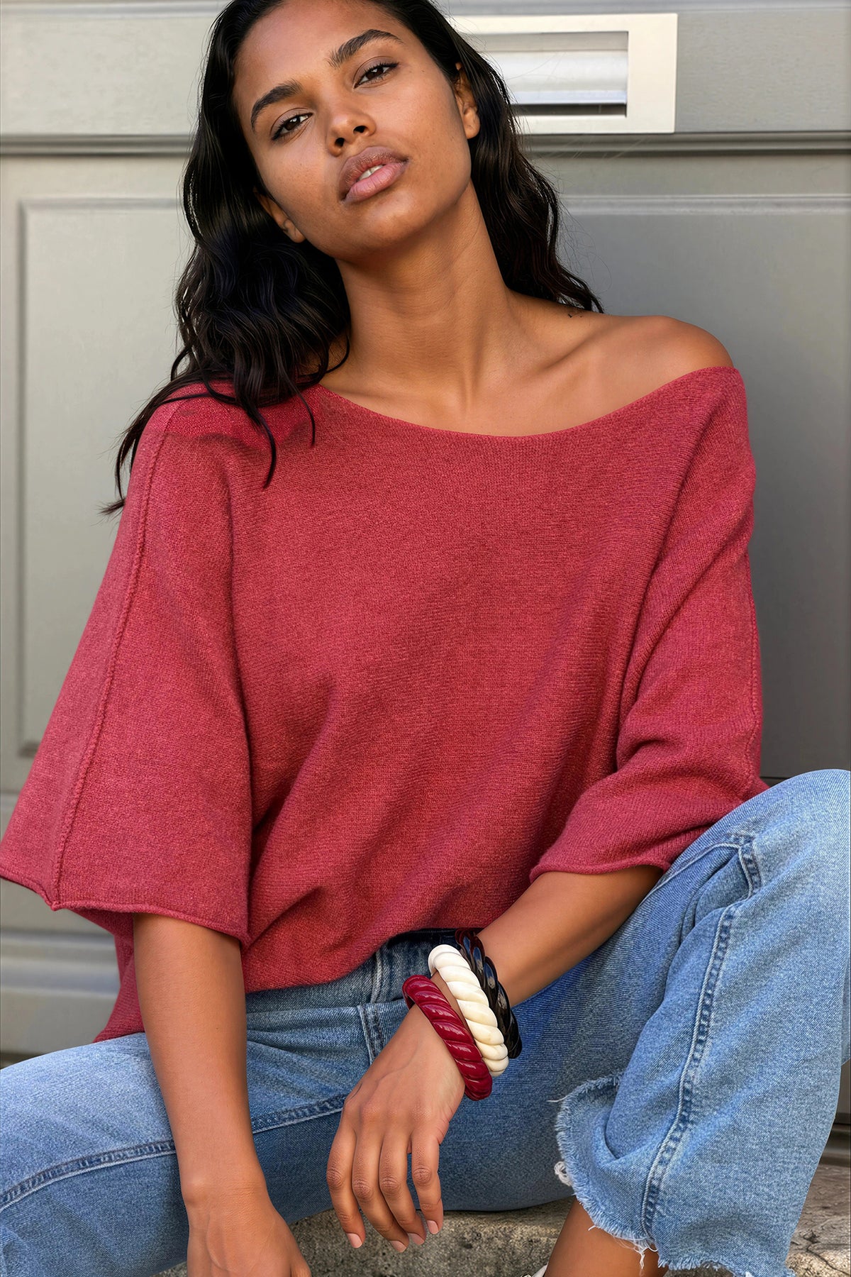 Pink Merlot Knit Batwing Blouse