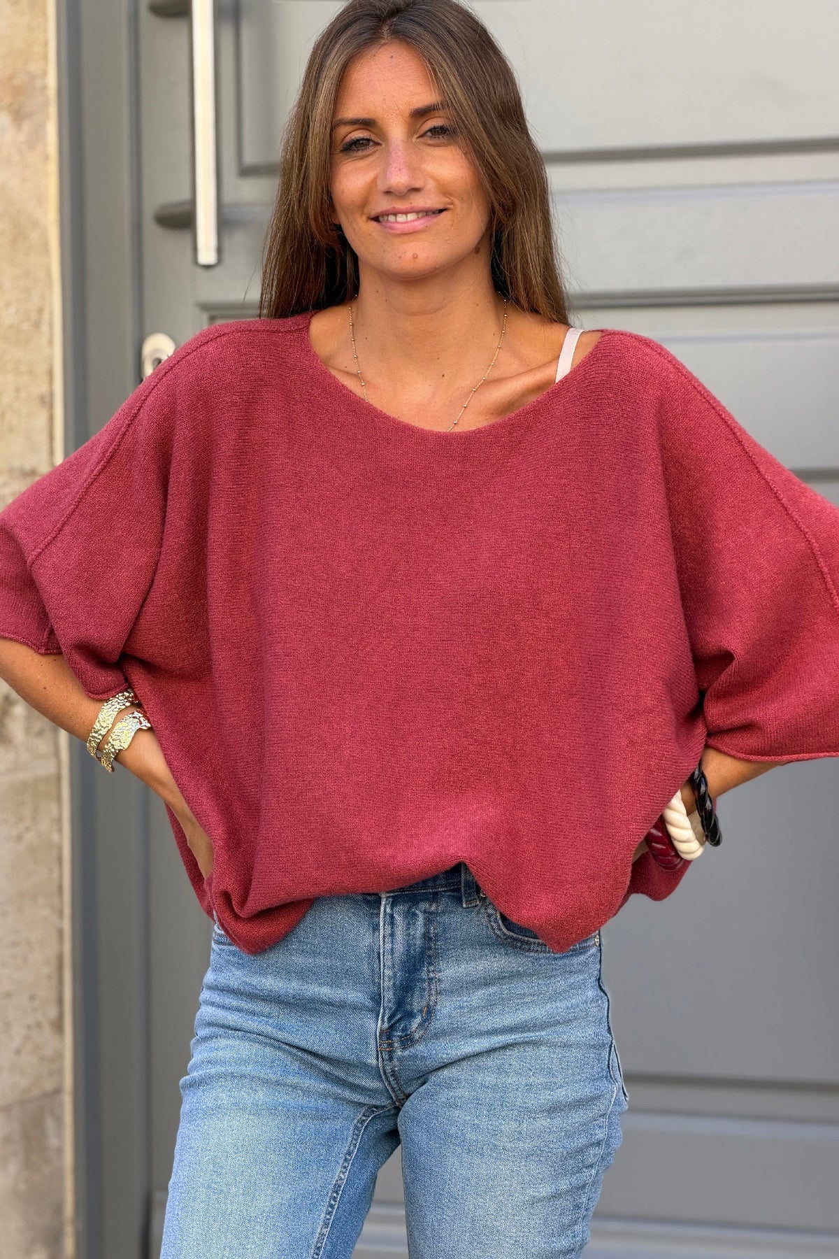 Pink Merlot Knit Batwing Blouse