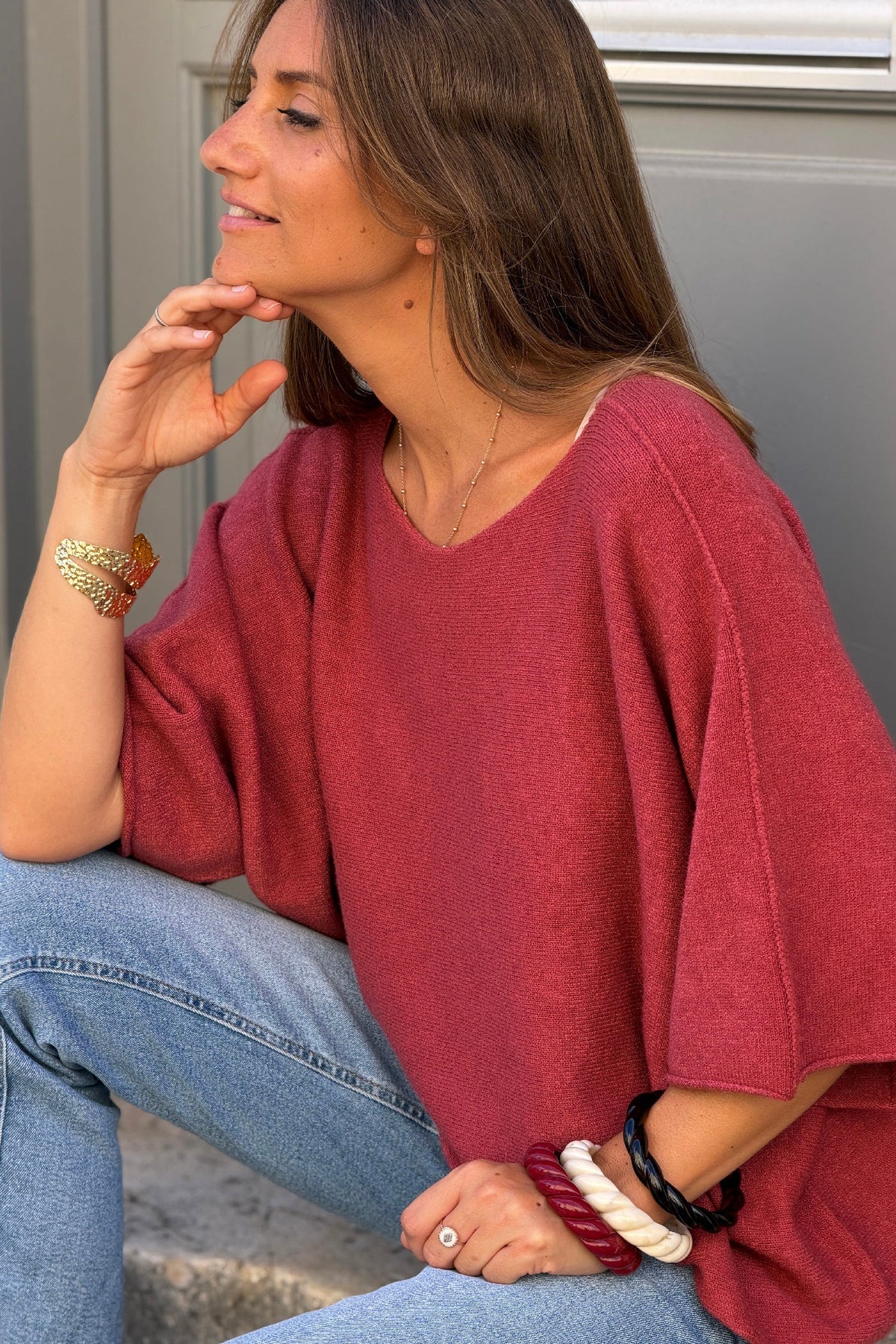 Pink Merlot Knit Batwing Blouse