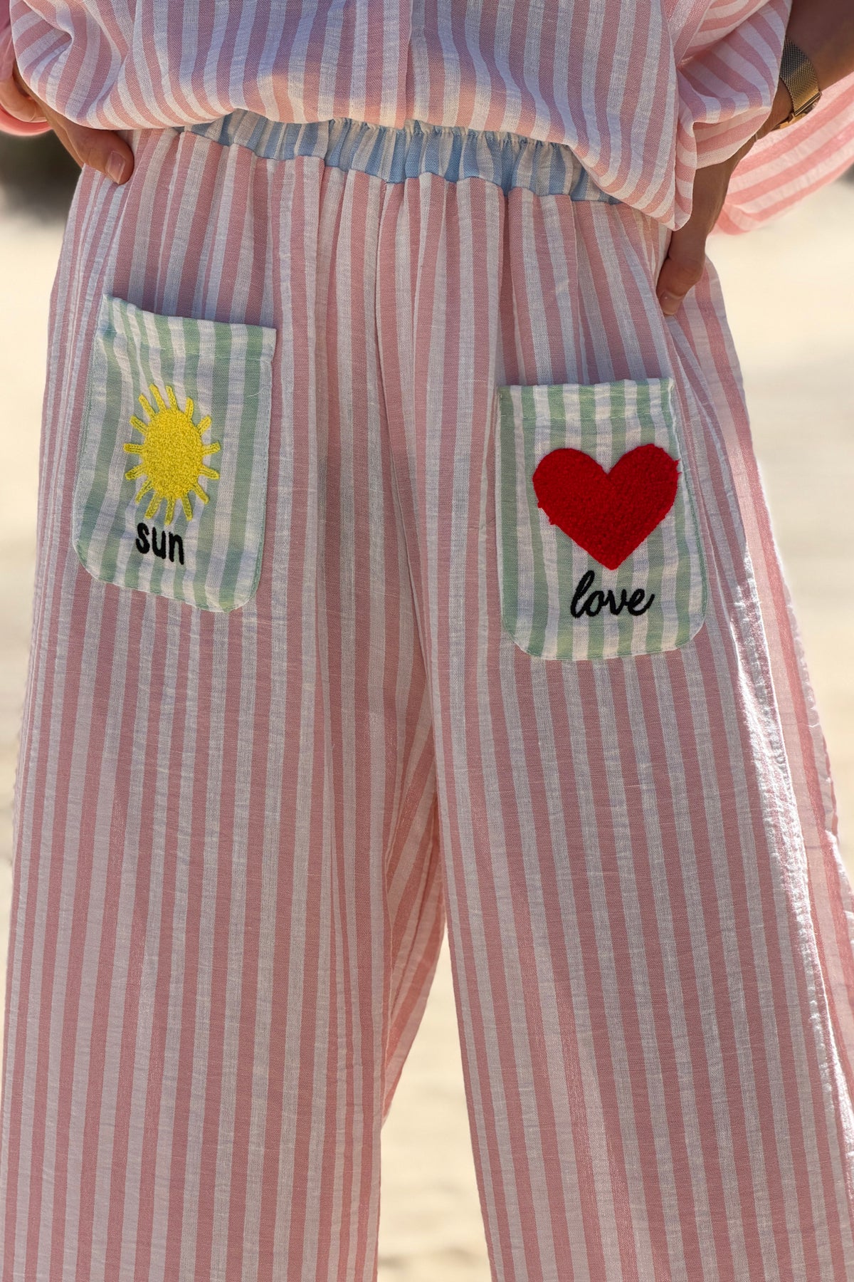 Pink Pastel Pinstripe Embroidered Pocket Pants