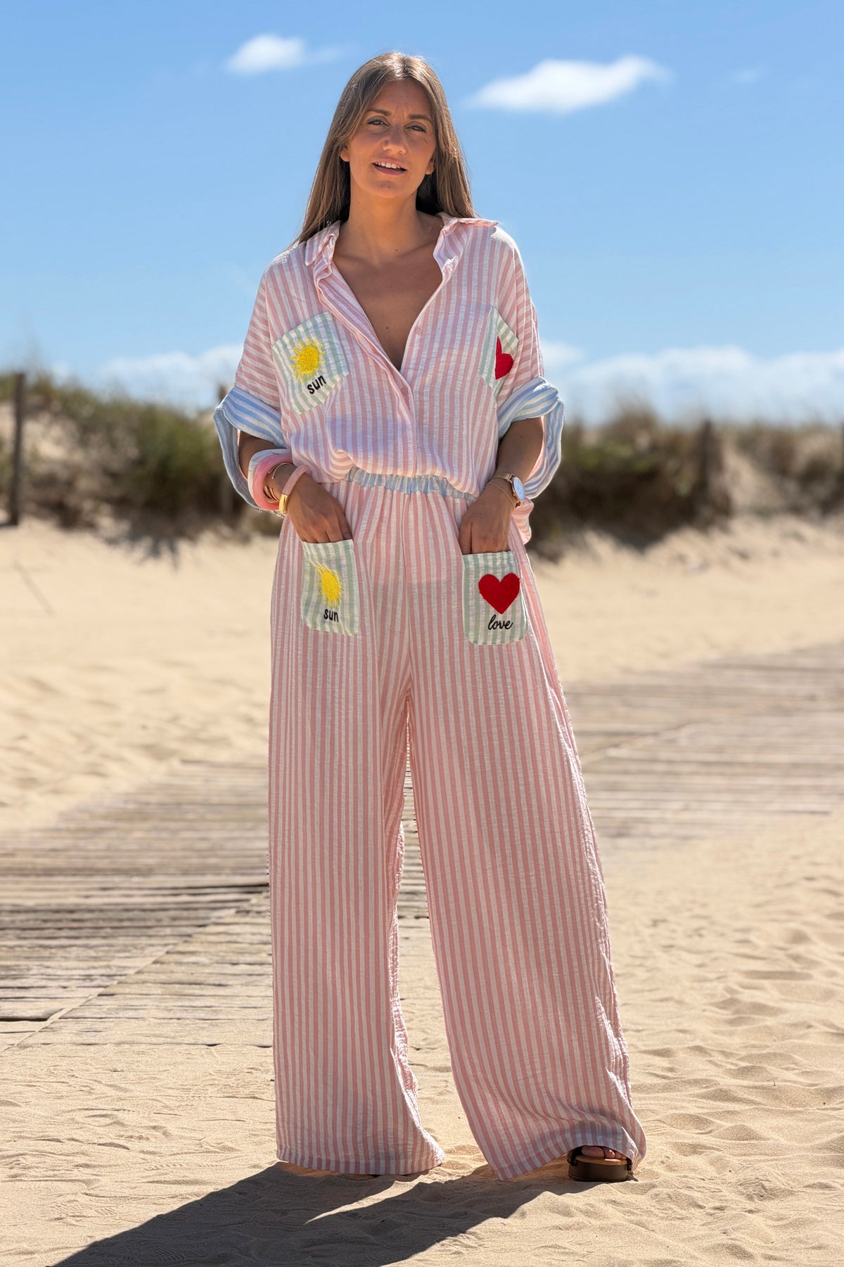 Pink Pastel Pinstripe Embroidered Pocket Pants