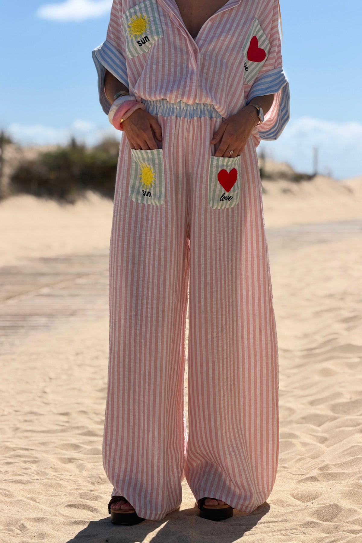 Pink Pastel Pinstripe Embroidered Pocket Pants