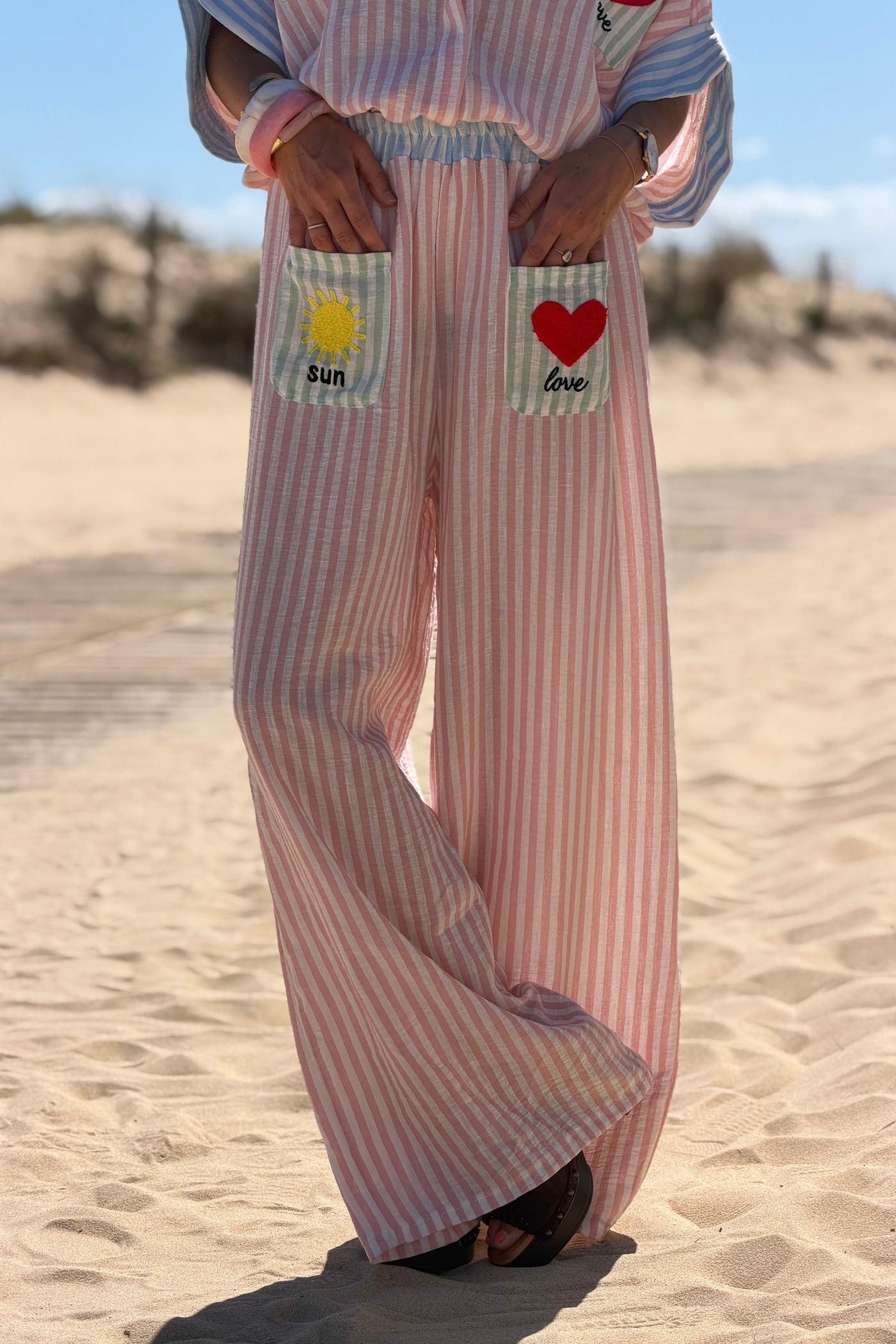 Pink Pastel Pinstripe Embroidered Pocket Pants