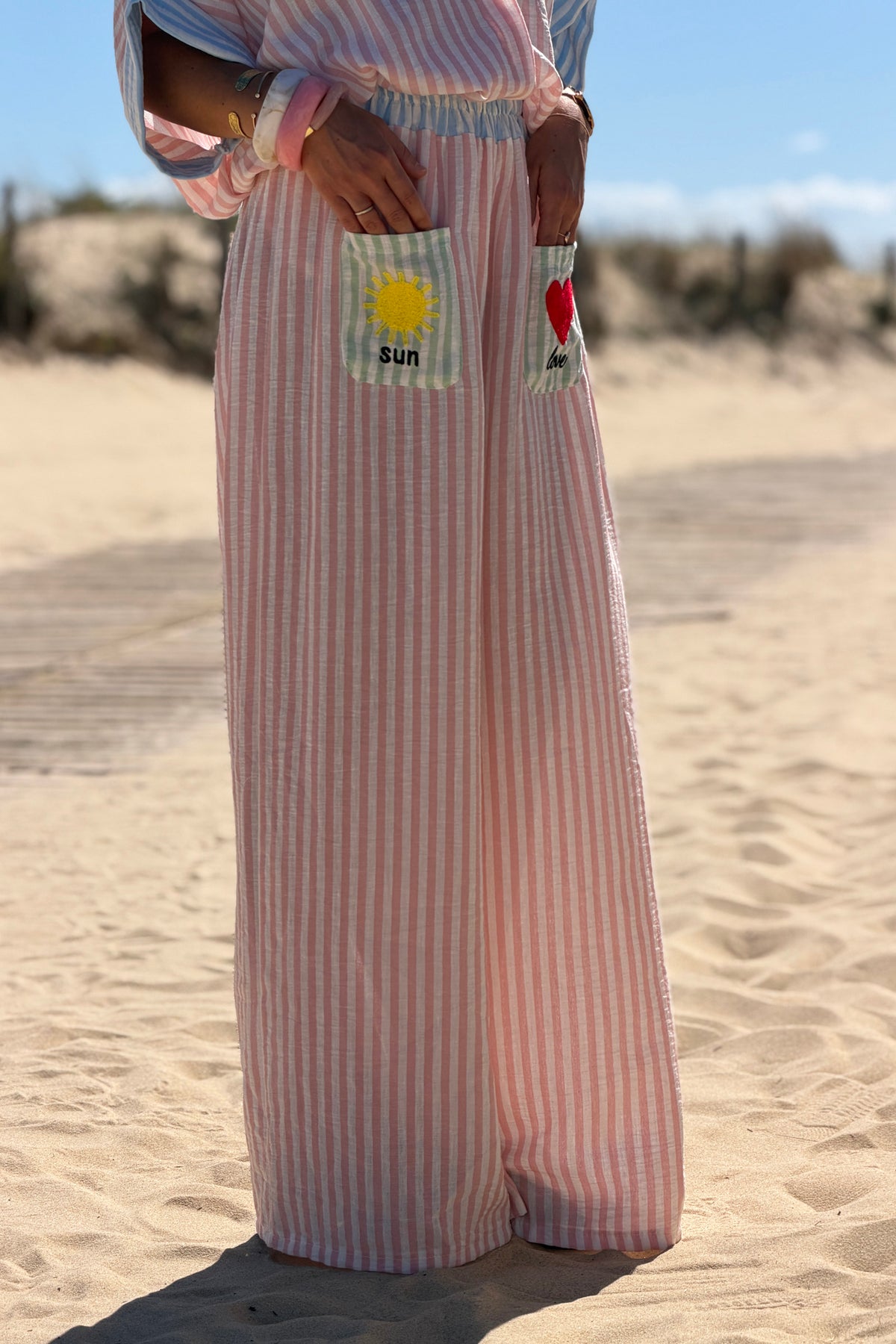 Pink Pastel Pinstripe Embroidered Pocket Pants