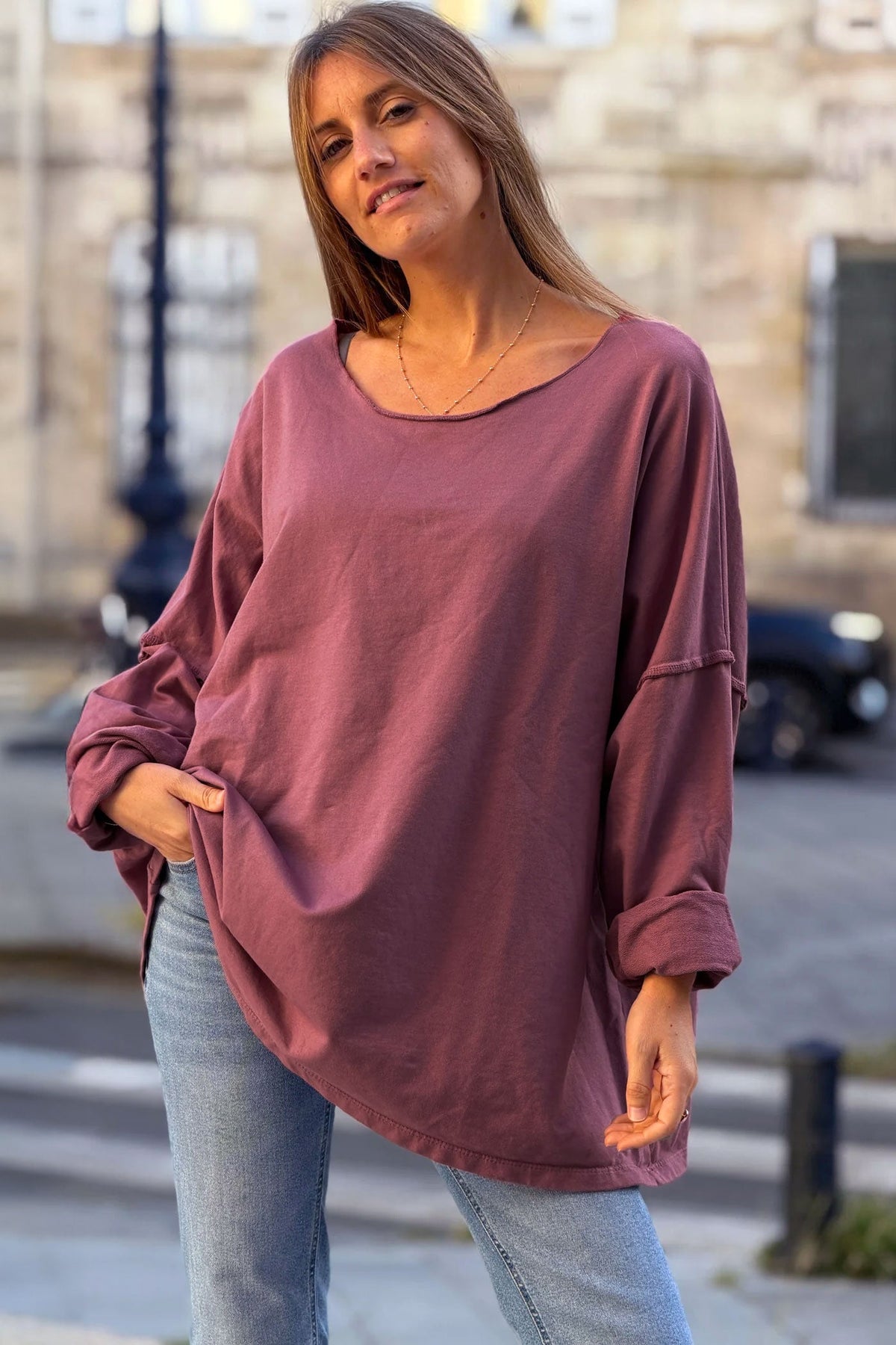 Pink Stretch Knit Long-Sleeve Slouchy Tshirt