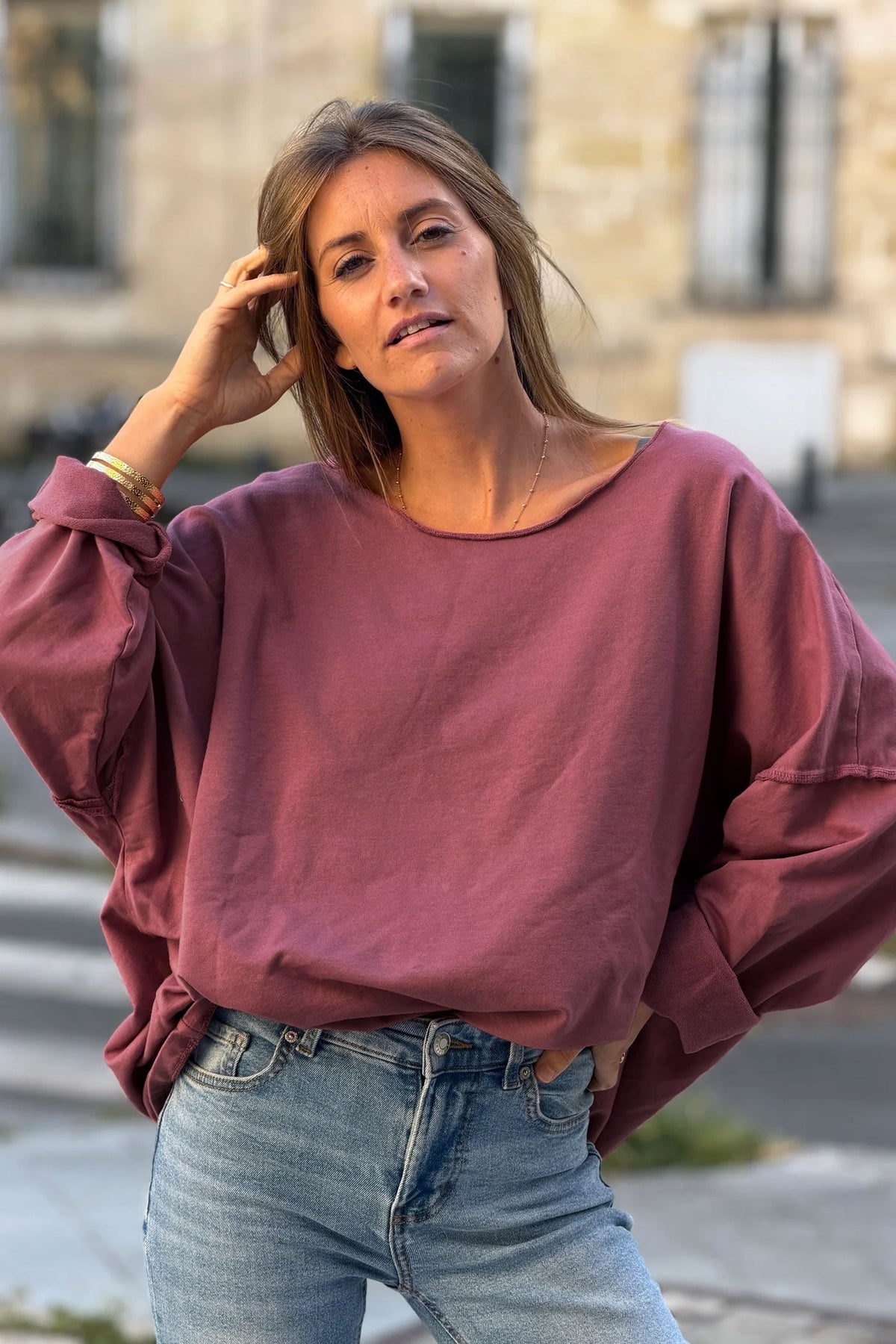 Pink Stretch Knit Long-Sleeve Slouchy Tshirt
