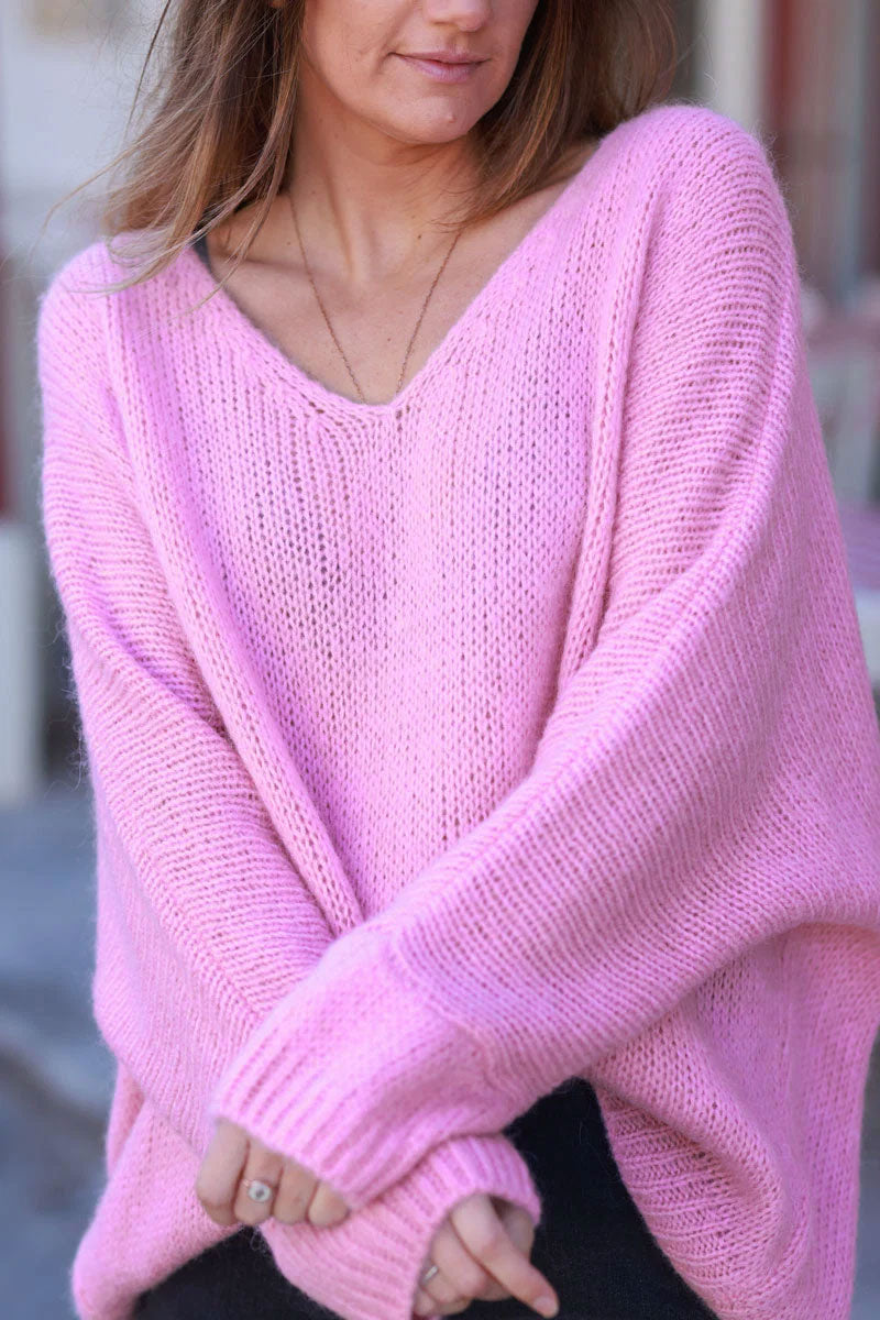 Pink Woollen v-neck Sweater with Batwing Sleeves