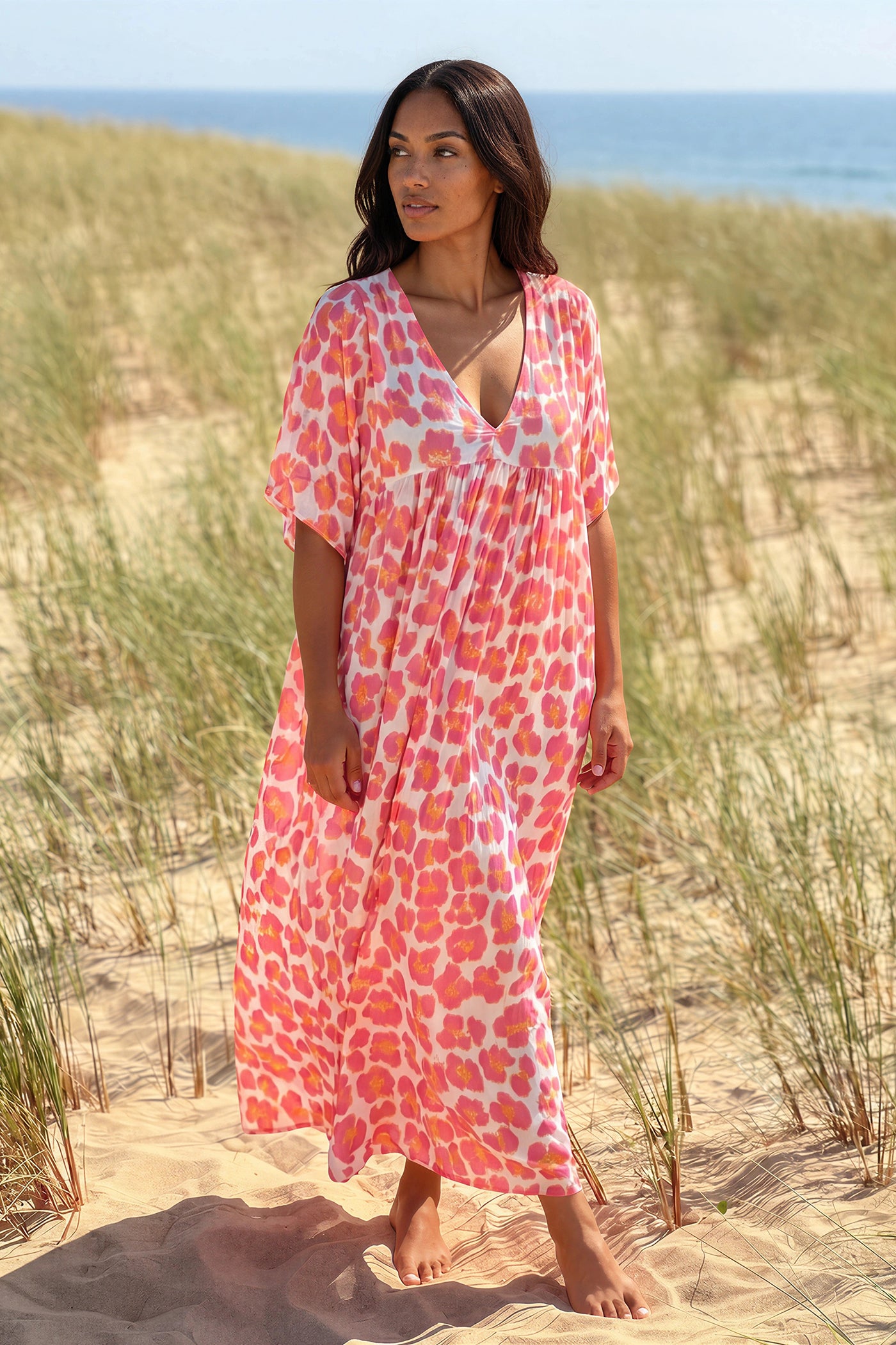 Pink Leopard Print V-Neck Caftan