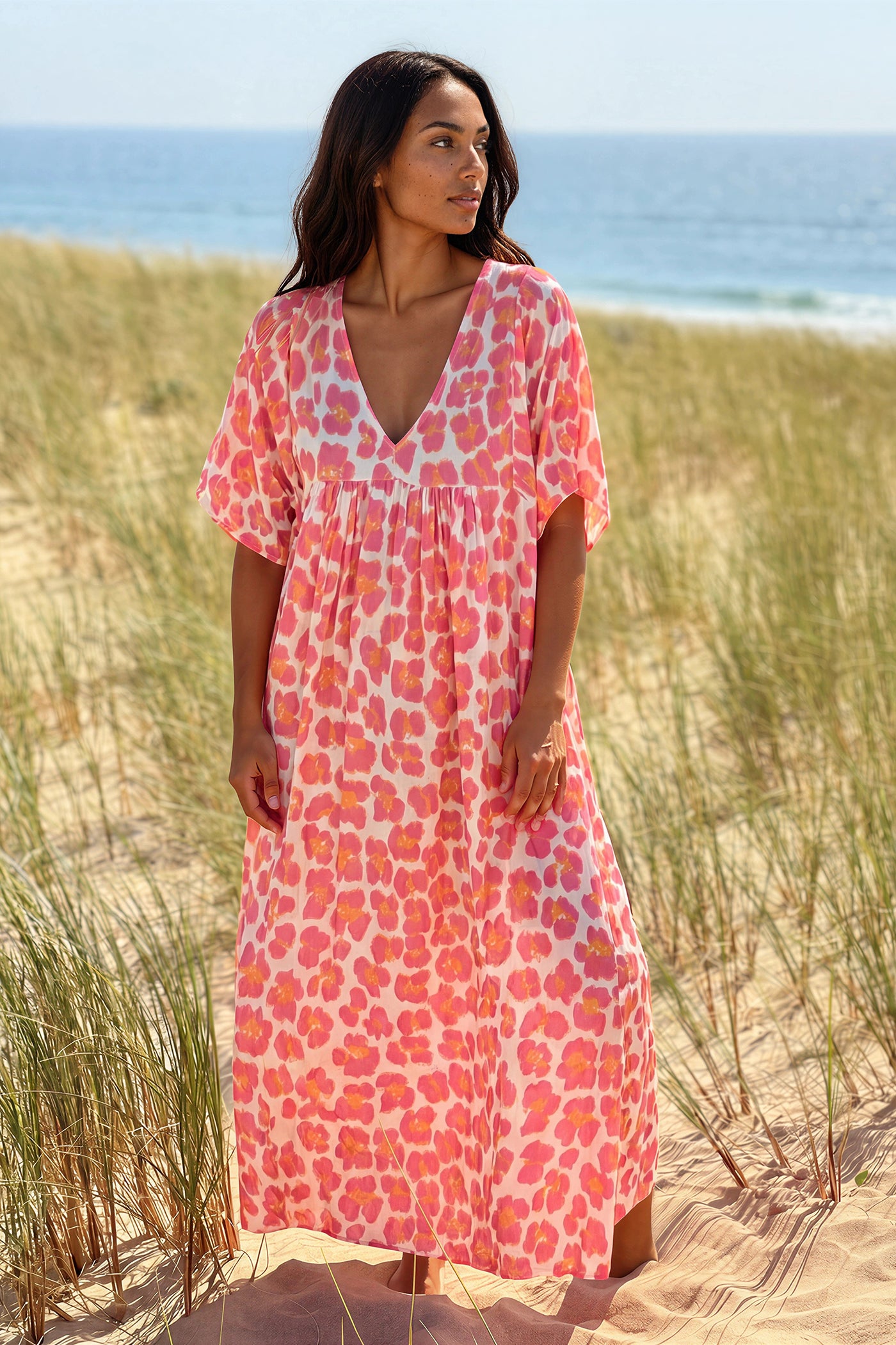 Pink Leopard Print V-Neck Caftan