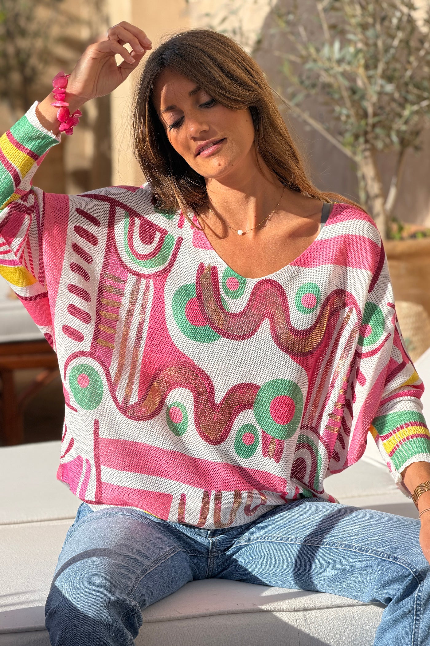 Pink Modern Art Knit Blouse