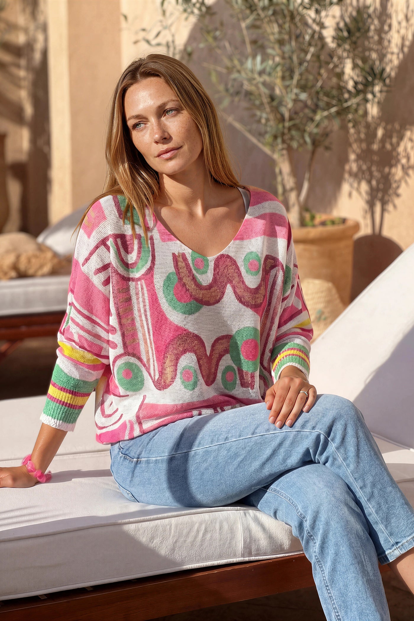 Pink Modern Art Knit Blouse