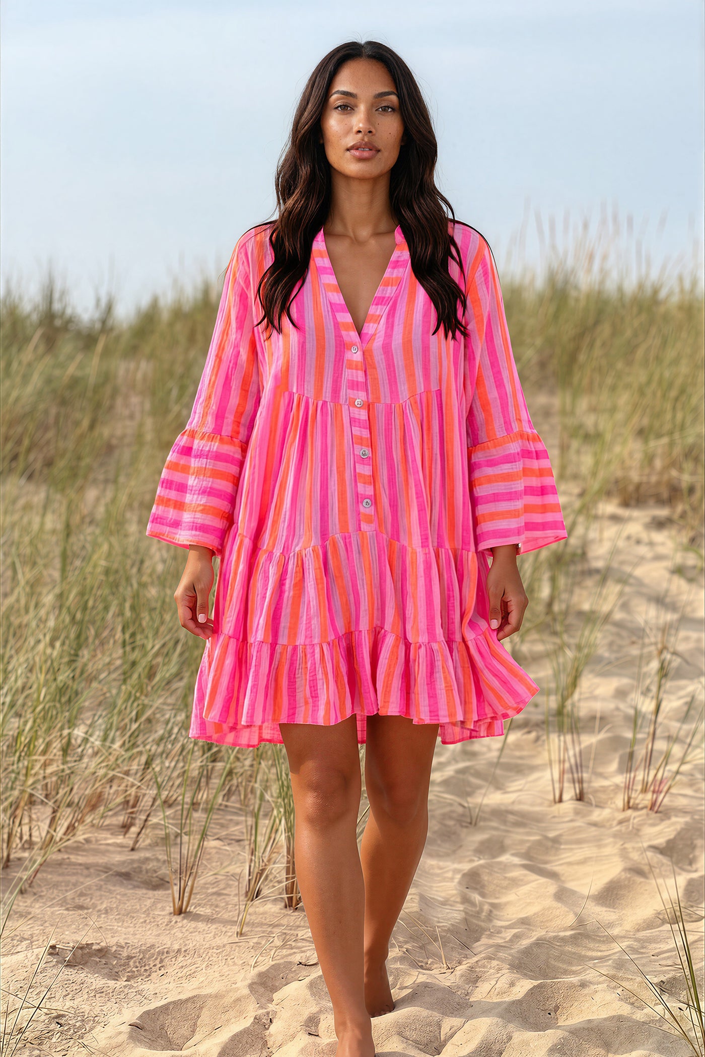 Pink Neon Stripe Bell-Sleeve Cabana Dress