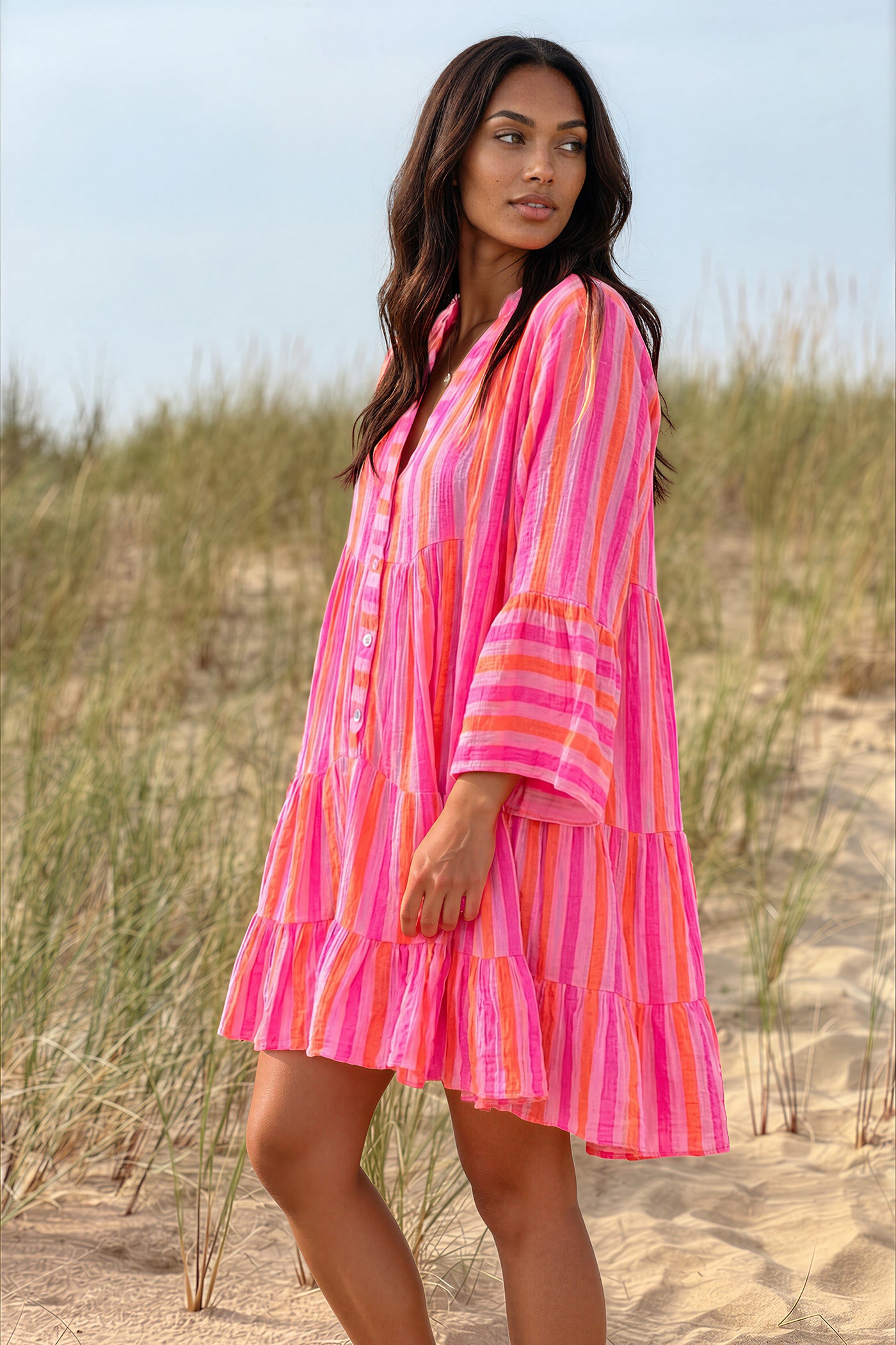 Pink Neon Stripe Bell-Sleeve Cabana Dress