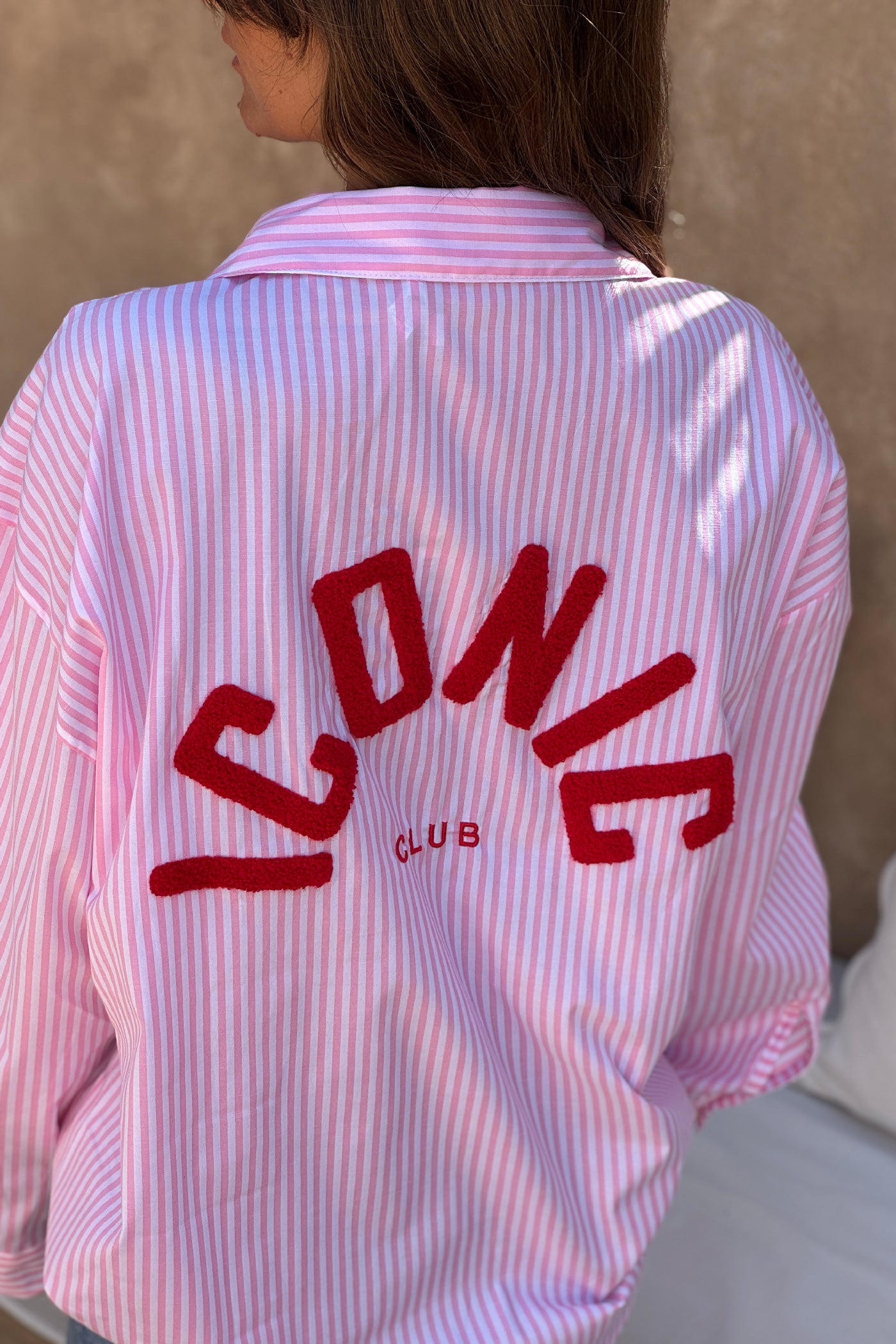 Pink Pinstripe “ICONIC CLUB” Button-Down Blouse