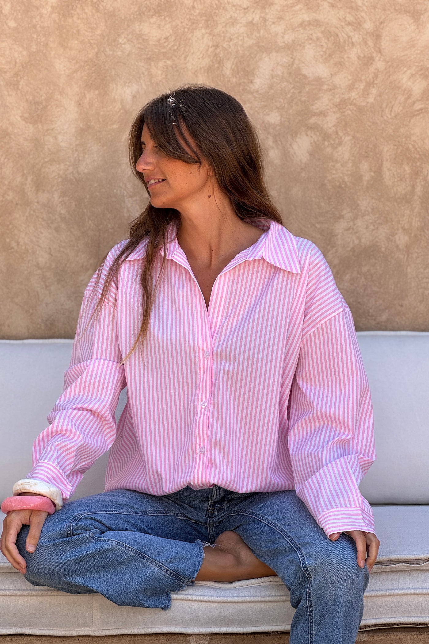 Pink Pinstripe “ICONIC CLUB” Button-Down Blouse
