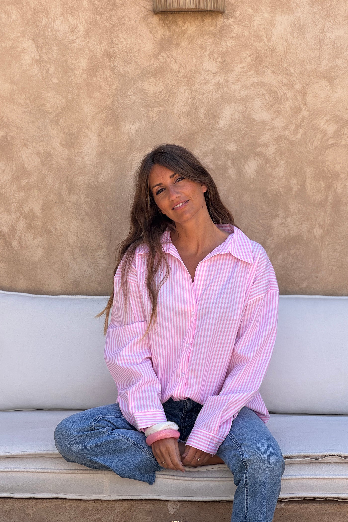 Pink Pinstripe “ICONIC CLUB” Button-Down Blouse