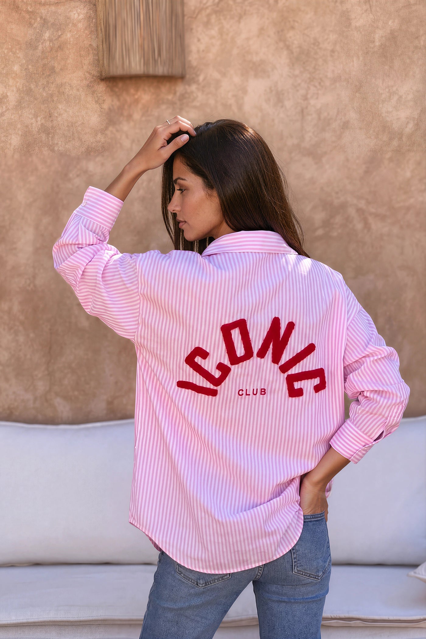 Pink Pinstripe “ICONIC CLUB” Button-Down Blouse