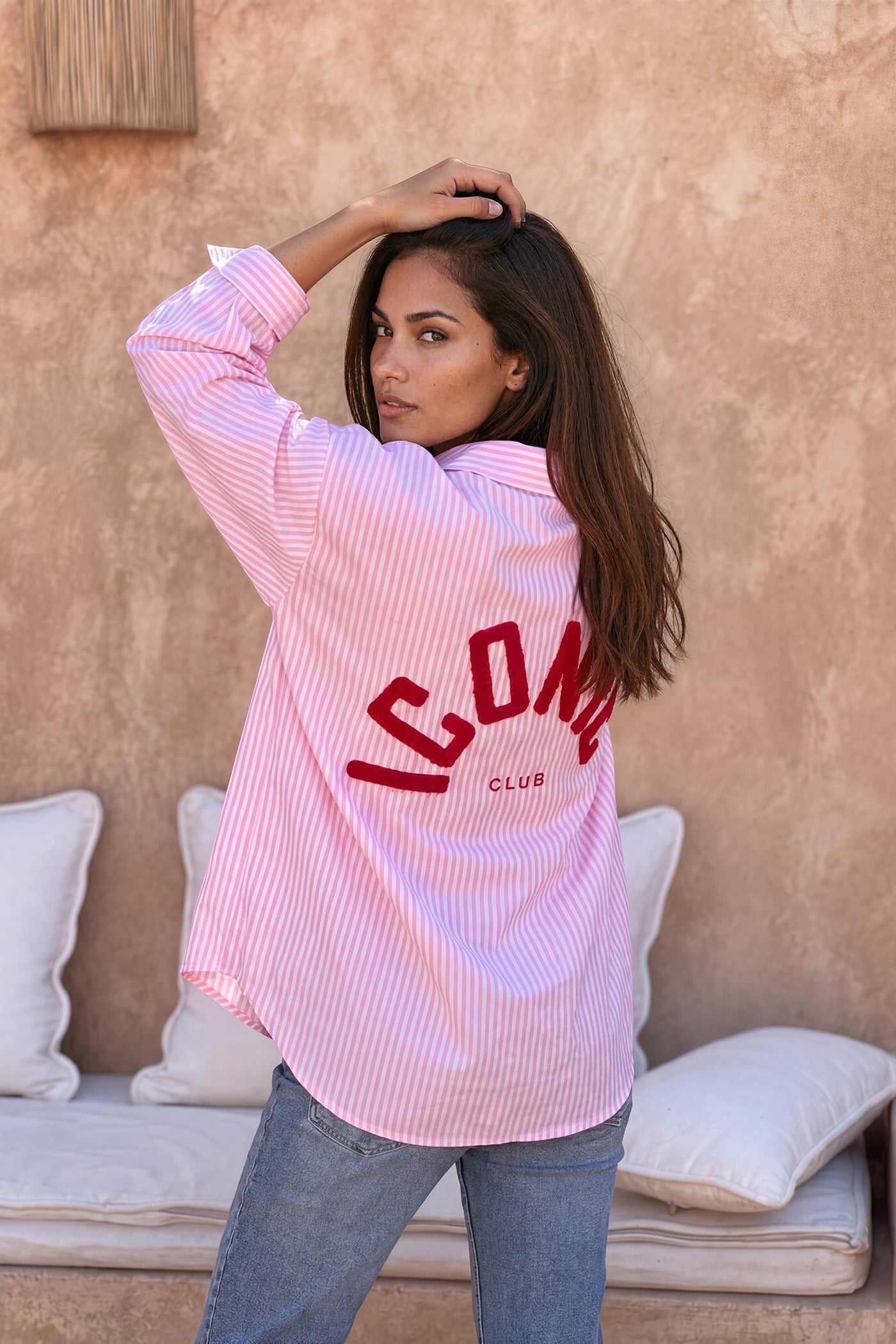 Pink Pinstripe “ICONIC CLUB” Button-Down Blouse