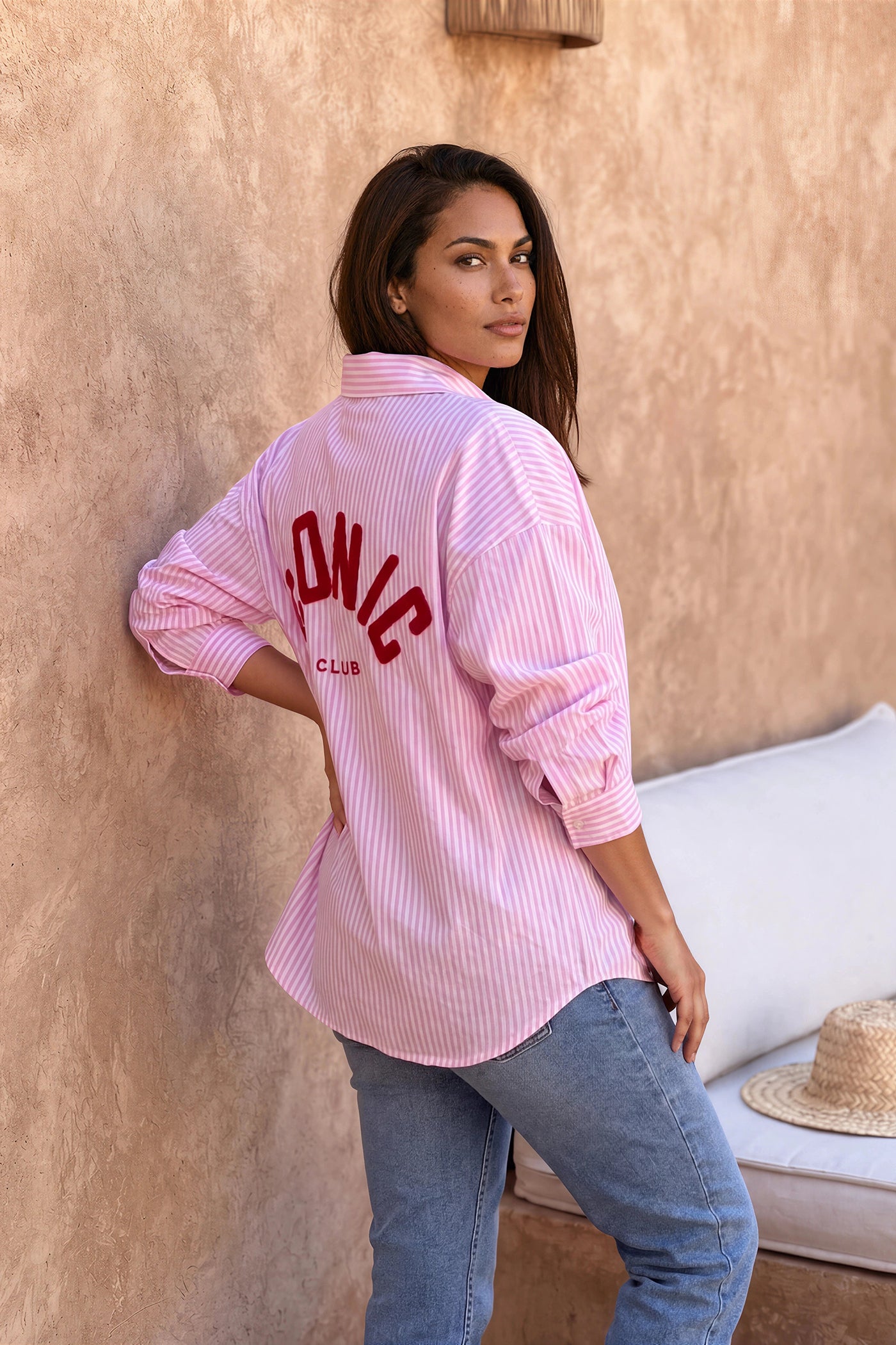 Pink Pinstripe “ICONIC CLUB” Button-Down Blouse