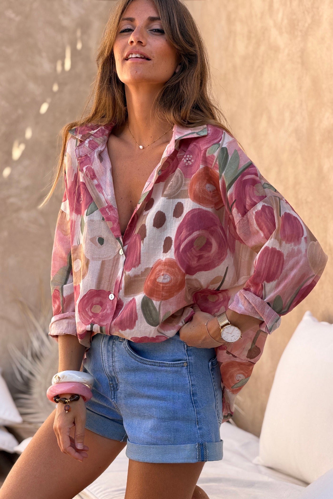 Pink Spring Floral Cotton Button-Down Blouse