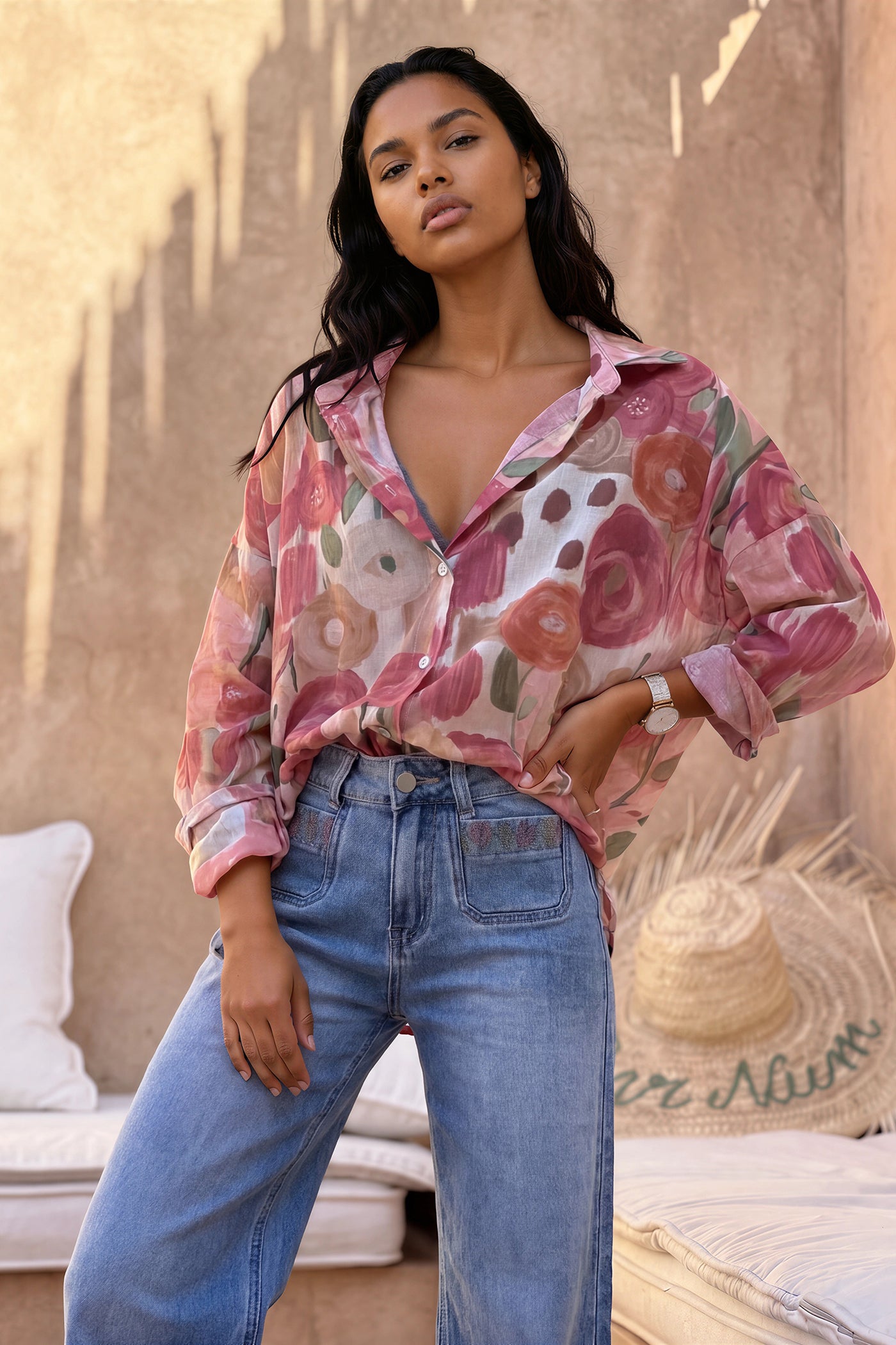 Pink Spring Floral Cotton Button-Down Blouse