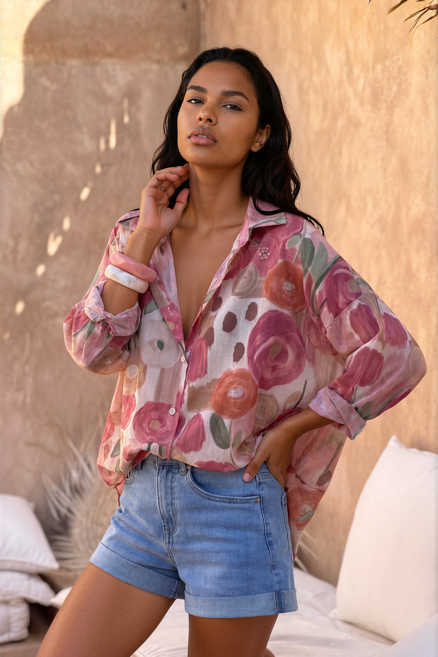 Pink Spring Floral Cotton Button-Down Blouse