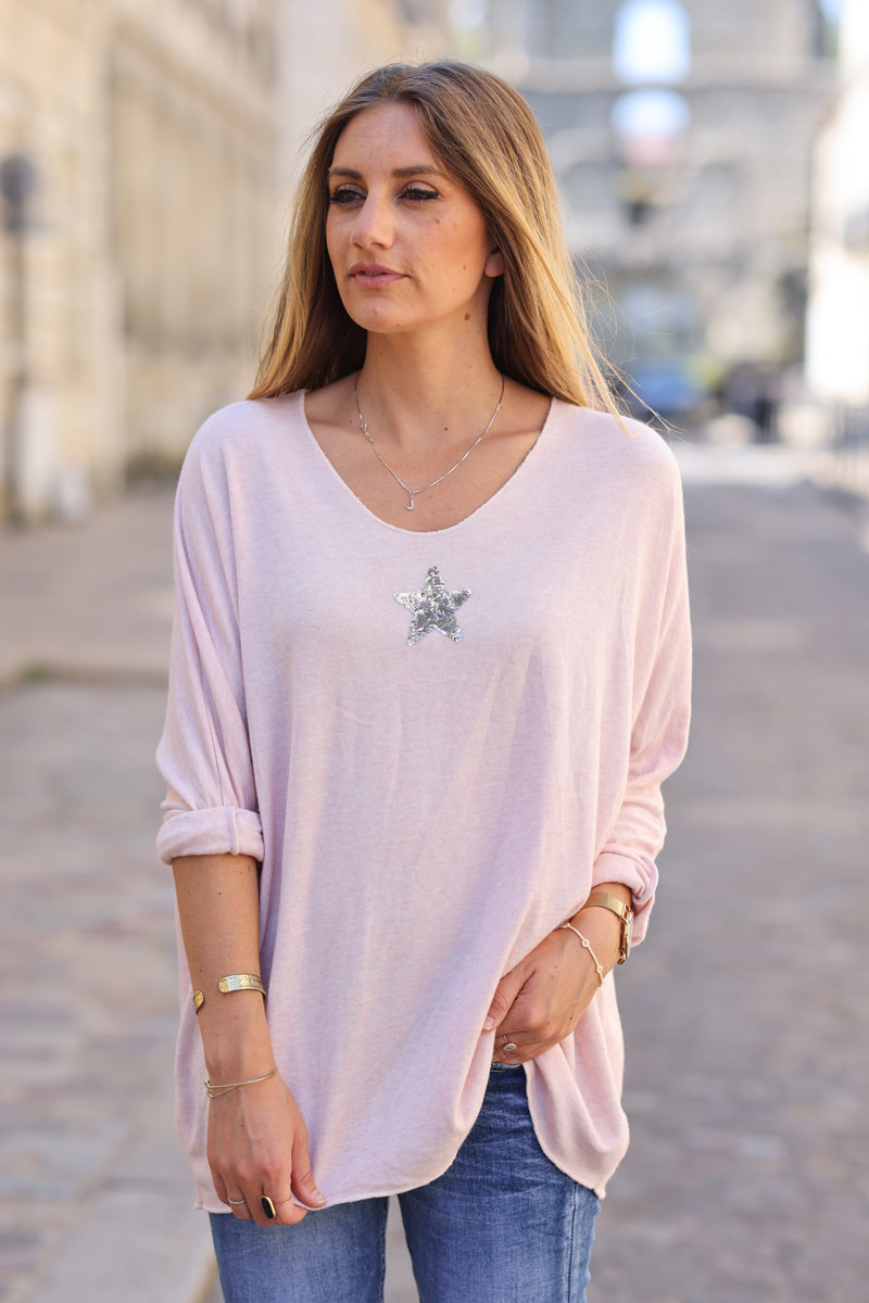 Powder Pink V-neck Small Star Sequin Sweater