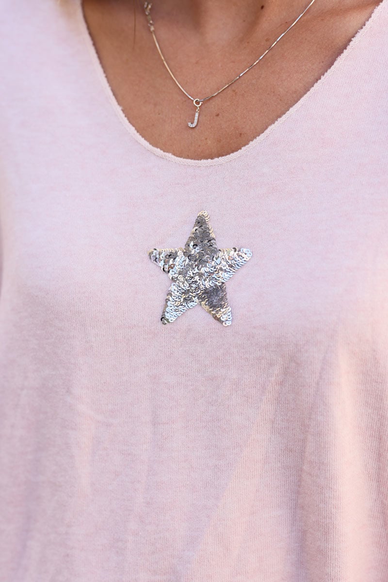 Powder Pink V-neck Small Star Sequin Sweater