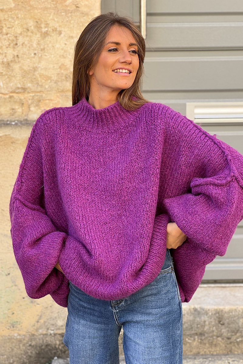 Purple Chunky Knit Sweater Oversized and Funnel Neck
