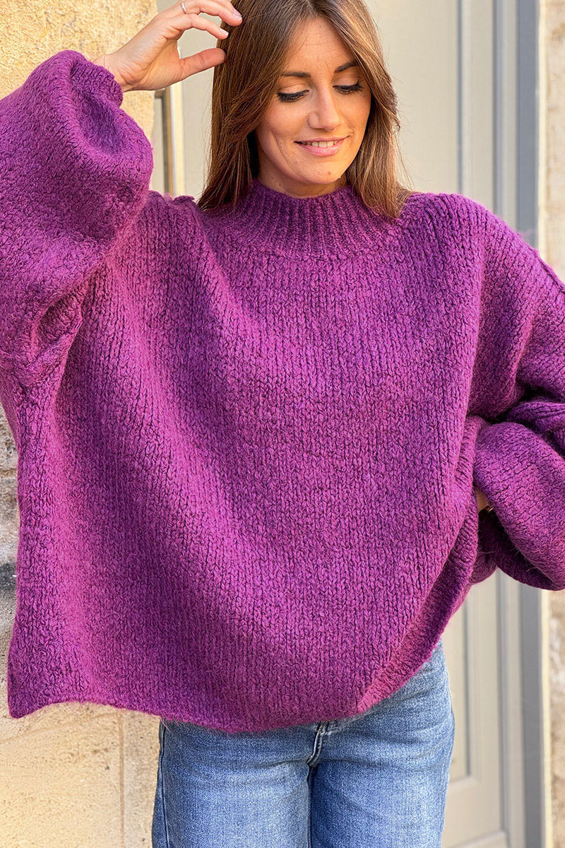 Purple Chunky Knit Sweater Oversized and Funnel Neck