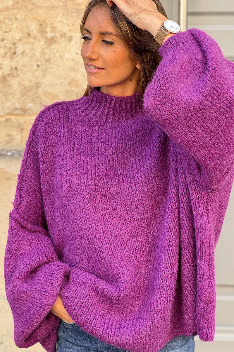 Purple Chunky Knit Sweater Oversized and Funnel Neck