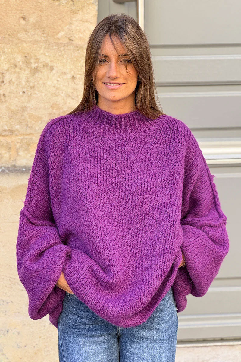 Purple Chunky Knit Sweater Oversized and Funnel Neck