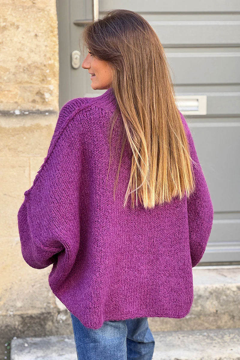 Purple Chunky Knit Sweater Oversized and Funnel Neck