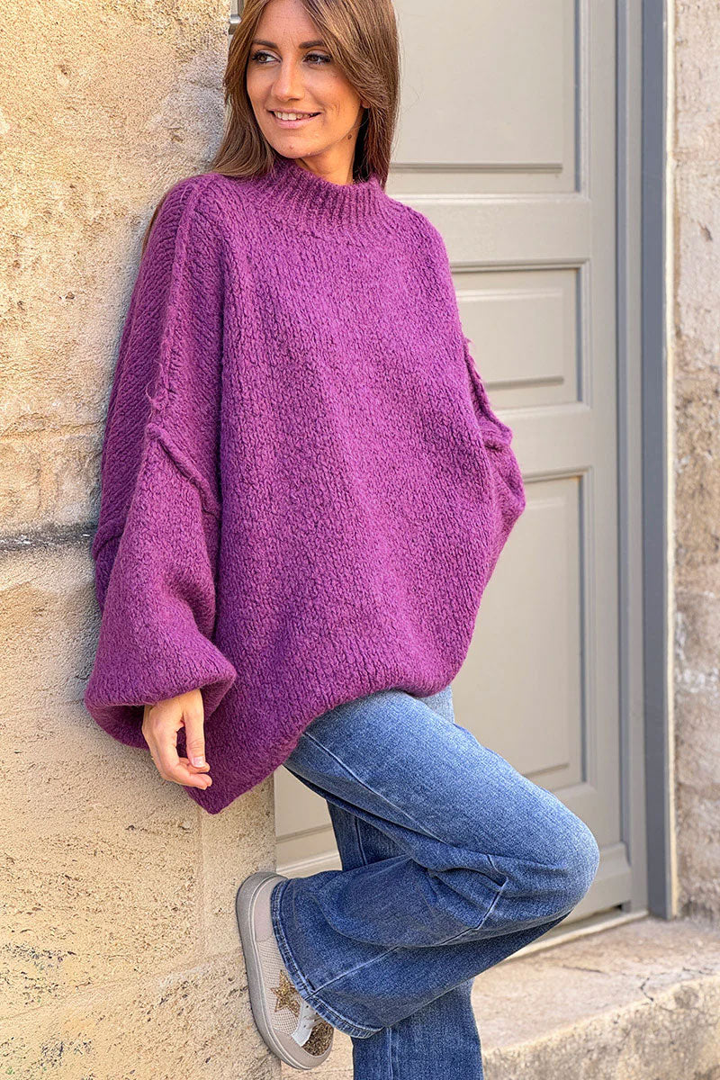 Purple Chunky Knit Sweater Oversized and Funnel Neck