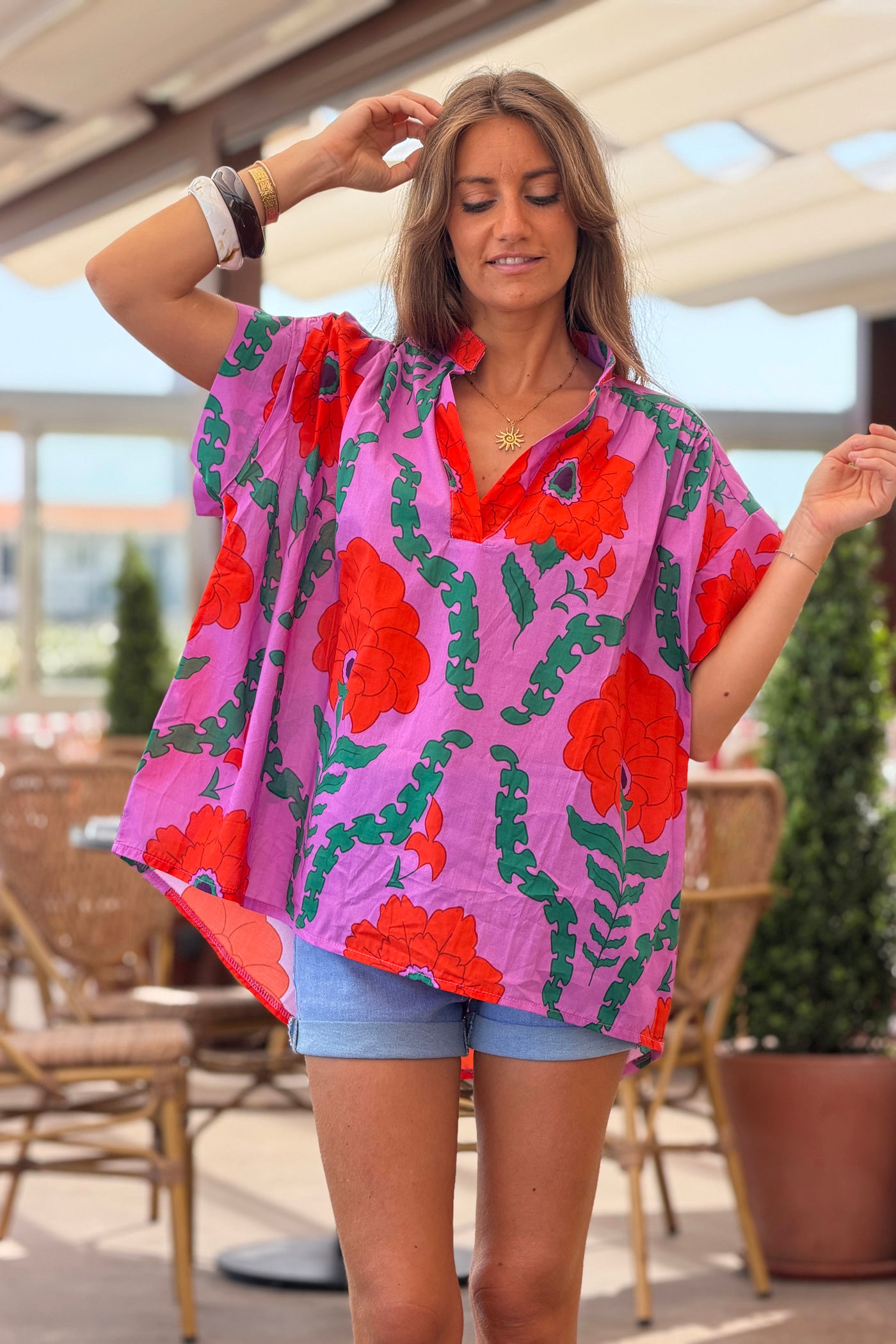 Purple Tropical Floral Dolman Blouse