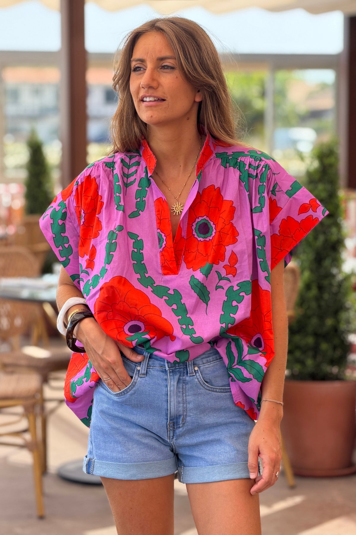 Purple Tropical Floral Dolman Blouse