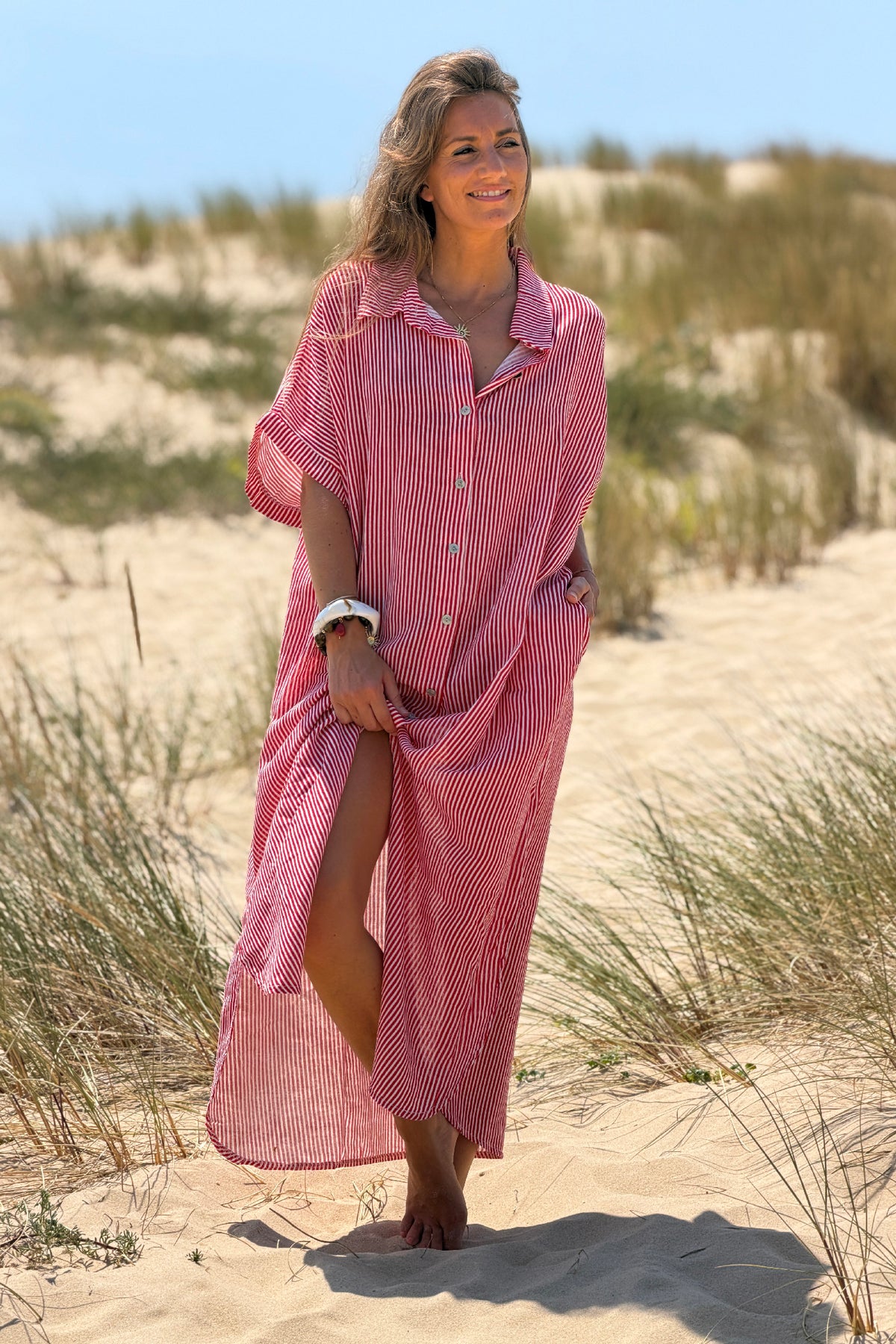 Red Pinstripe Vintage Cabana Caftan