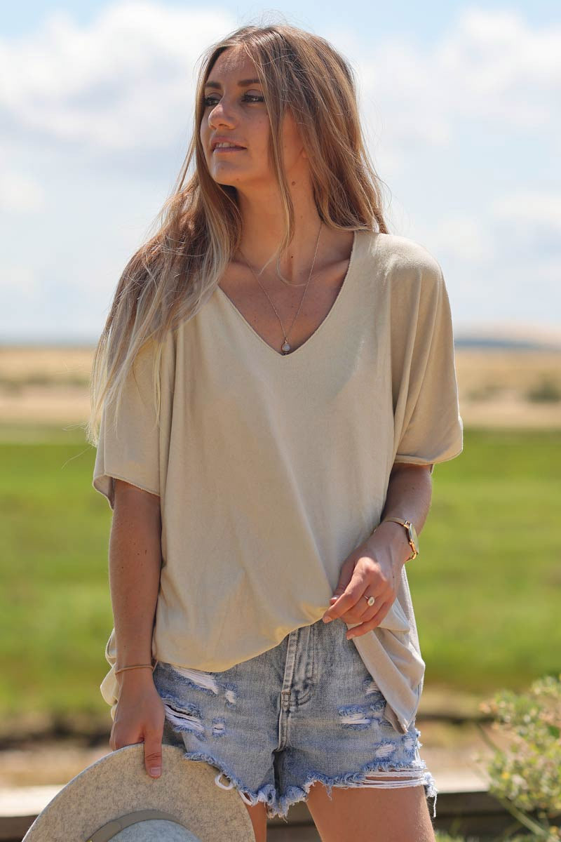Relaxed Fit Beige V-neck Top