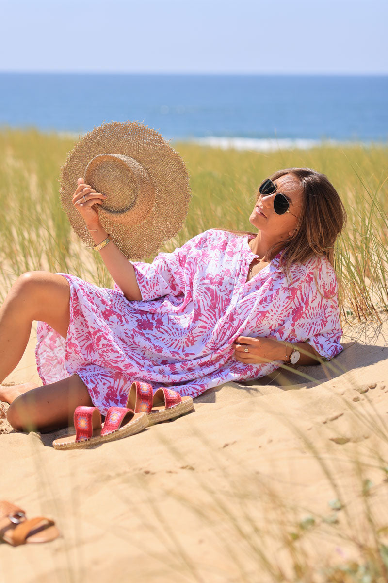 Relaxed Fit Fuchsia Island Print Cotton Dress