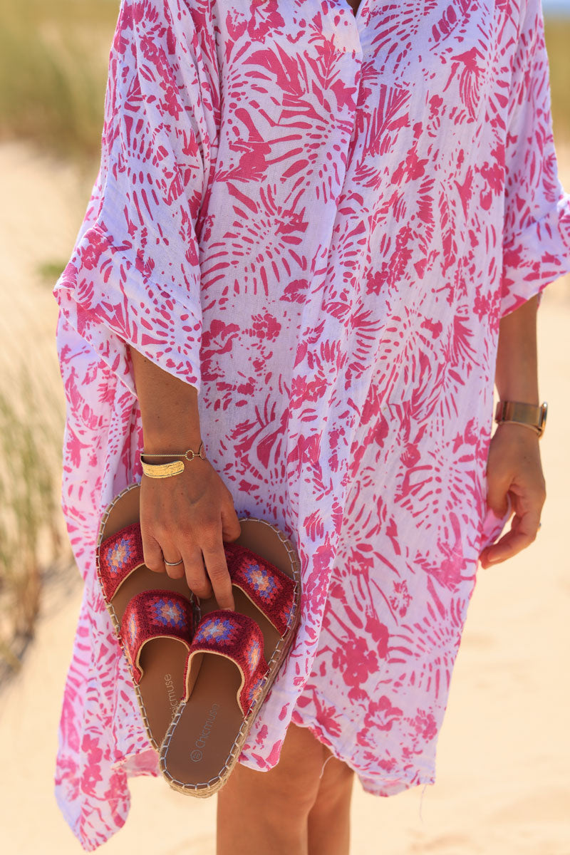 Relaxed Fit Fuchsia Island Print Cotton Dress