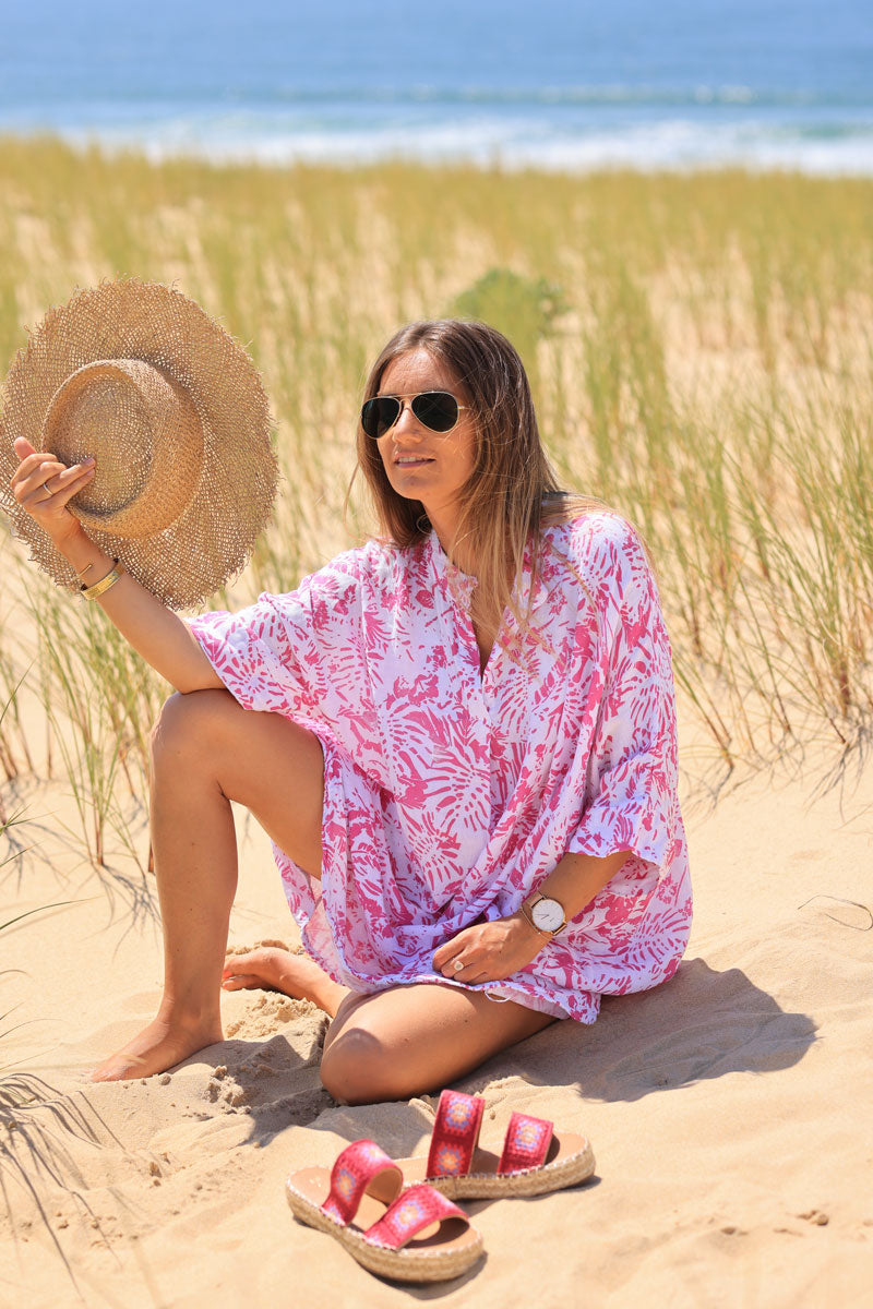 Relaxed Fit Fuchsia Island Print Cotton Dress