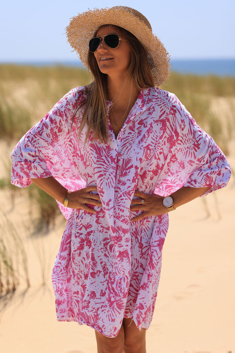 Relaxed Fit Fuchsia Island Print Cotton Dress