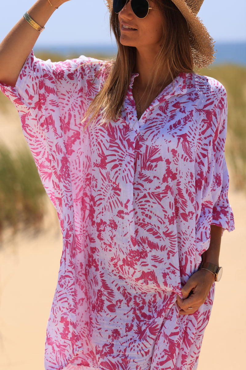Relaxed Fit Fuchsia Island Print Cotton Dress