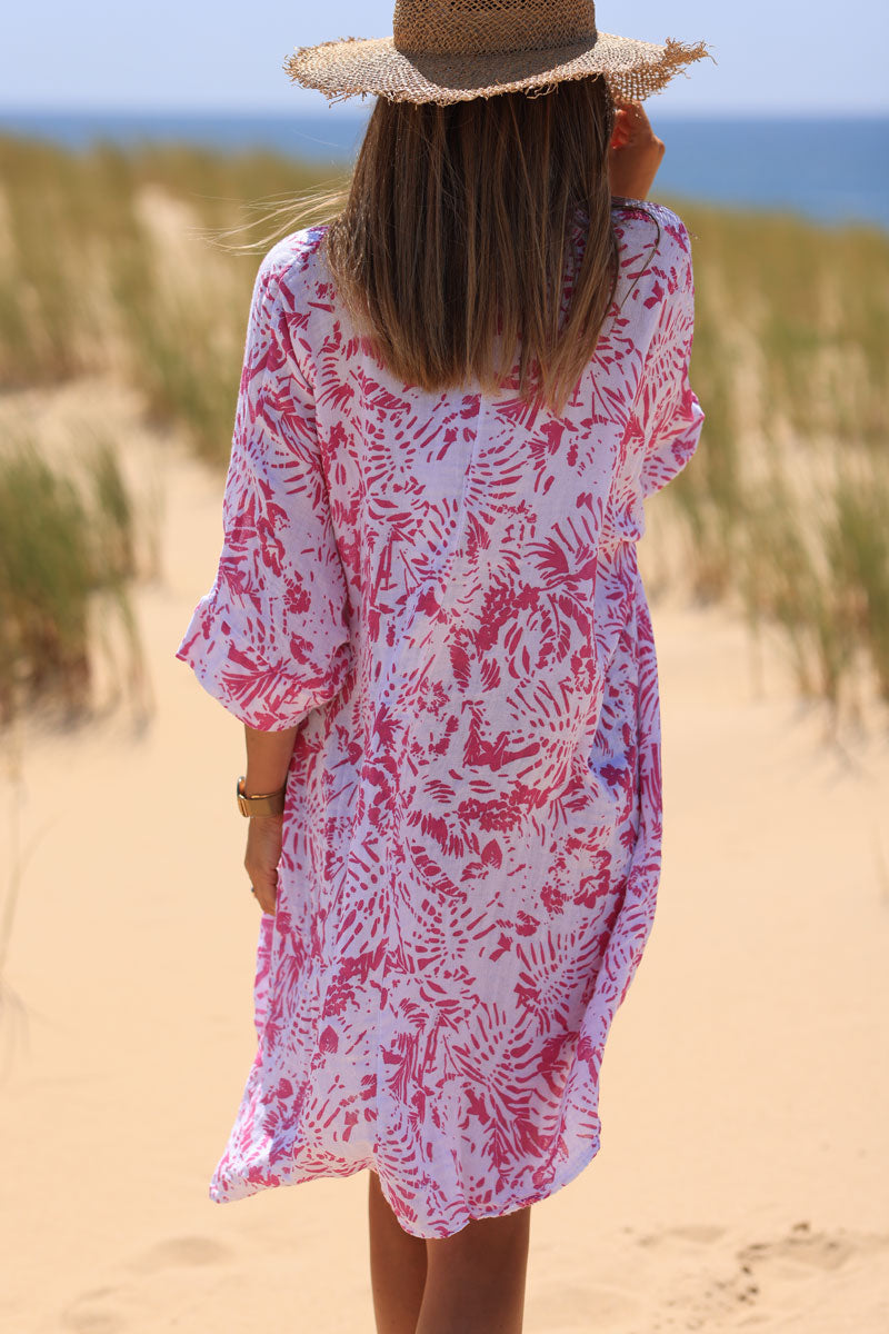 Relaxed Fit Fuchsia Island Print Cotton Dress