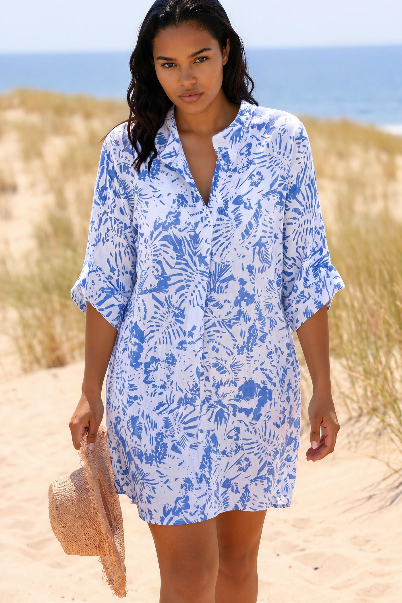 Relaxed Fit Blue Island Print Cotton Dress